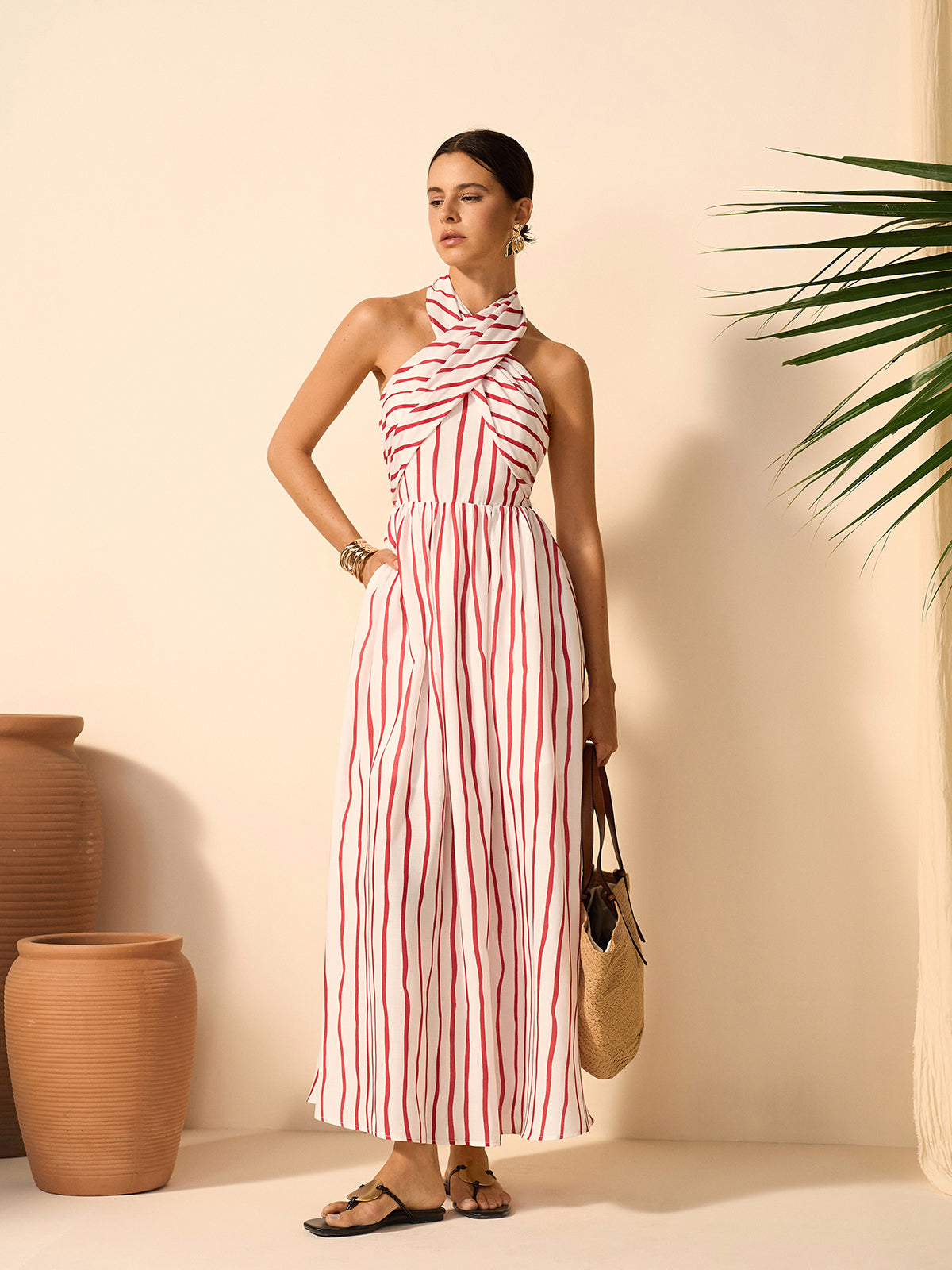 commense halter dress Striped Twist Mid-Century Bedroom Selena Gomez Sexy Little Jersey Thickness Camille Dress in Powder Pink:Powder Pink