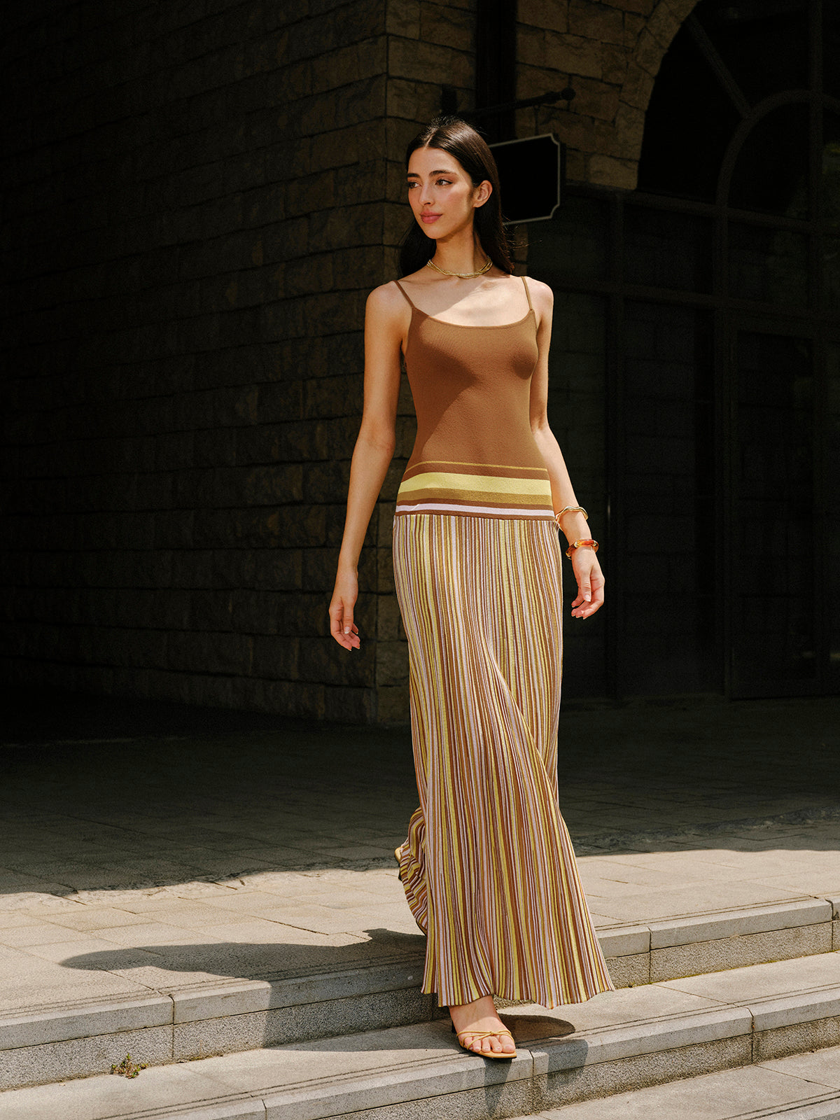 Striped knit cami dress - Light Brown - L - Commense Striped knit cami dress - Light Brown - L - Commense