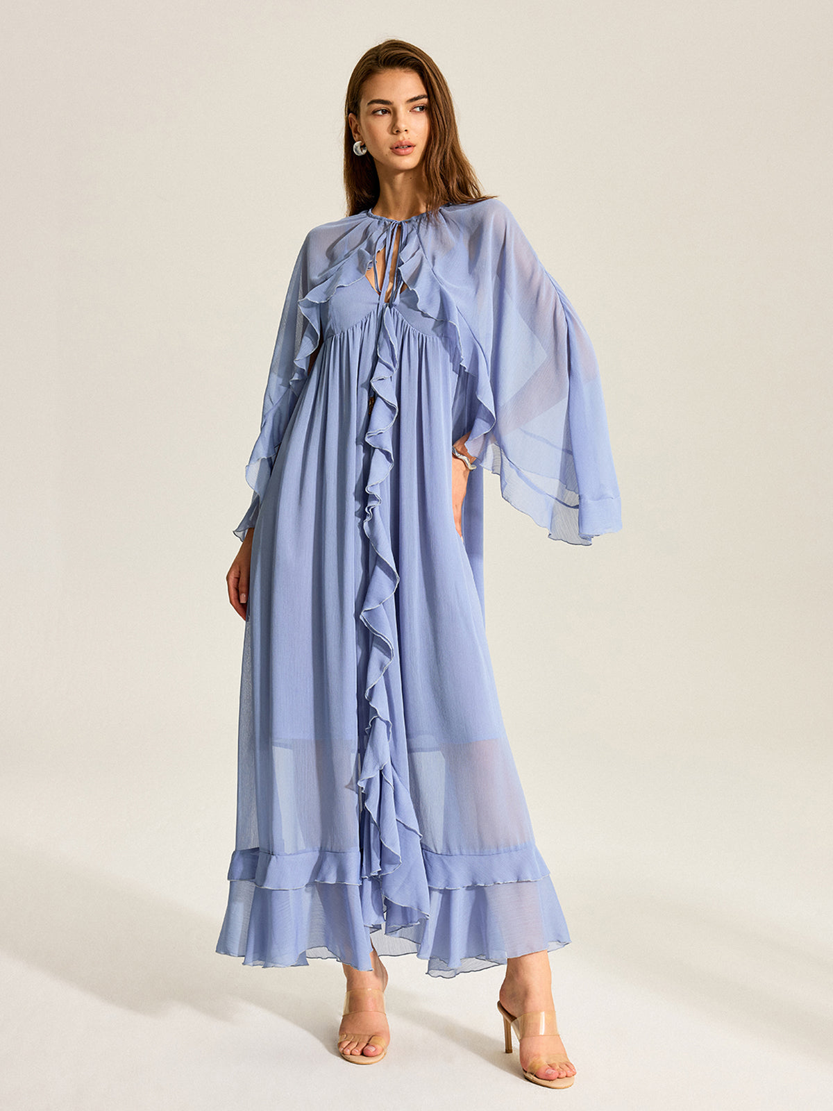 Semi-sheer cape two-piece ruffled chiffon dress - Blue - XS Semi-sheer cape two-piece ruffled chiffon dress - Blue - XS