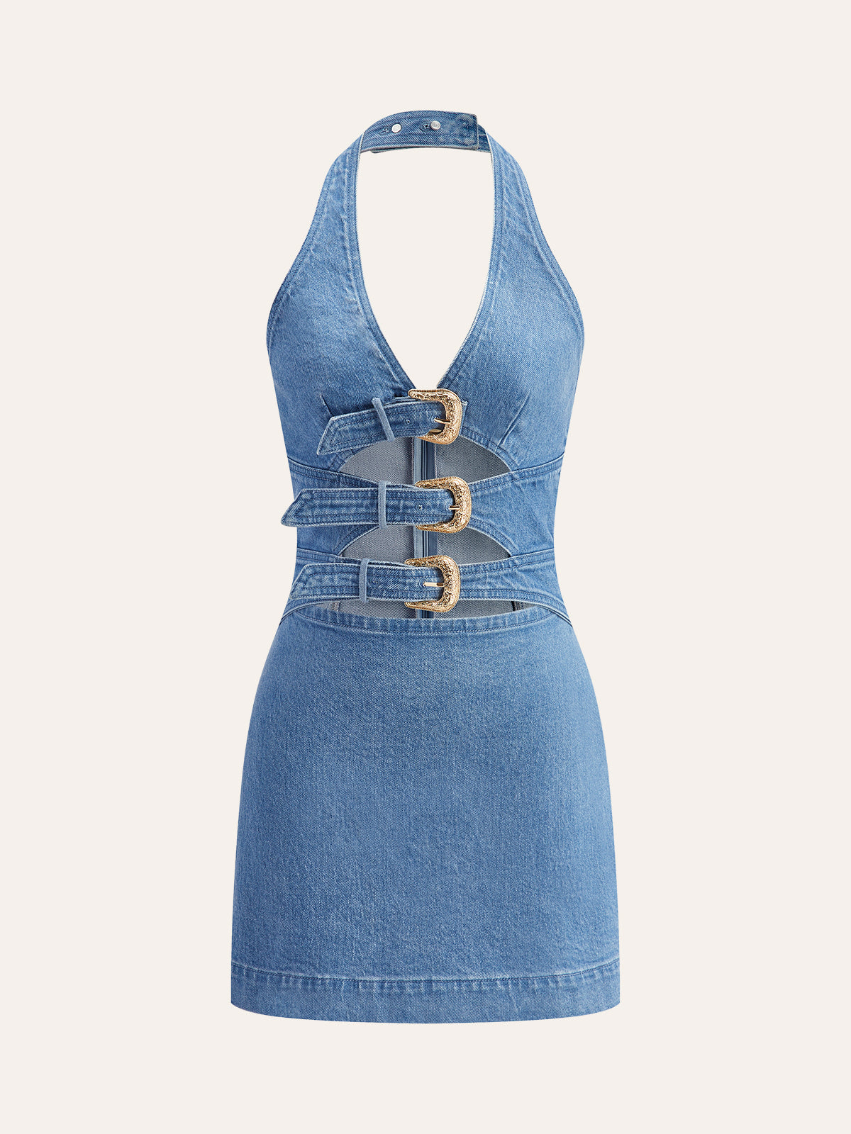 Halter Neck Buckle Detail Denim Dress – COMMENSE