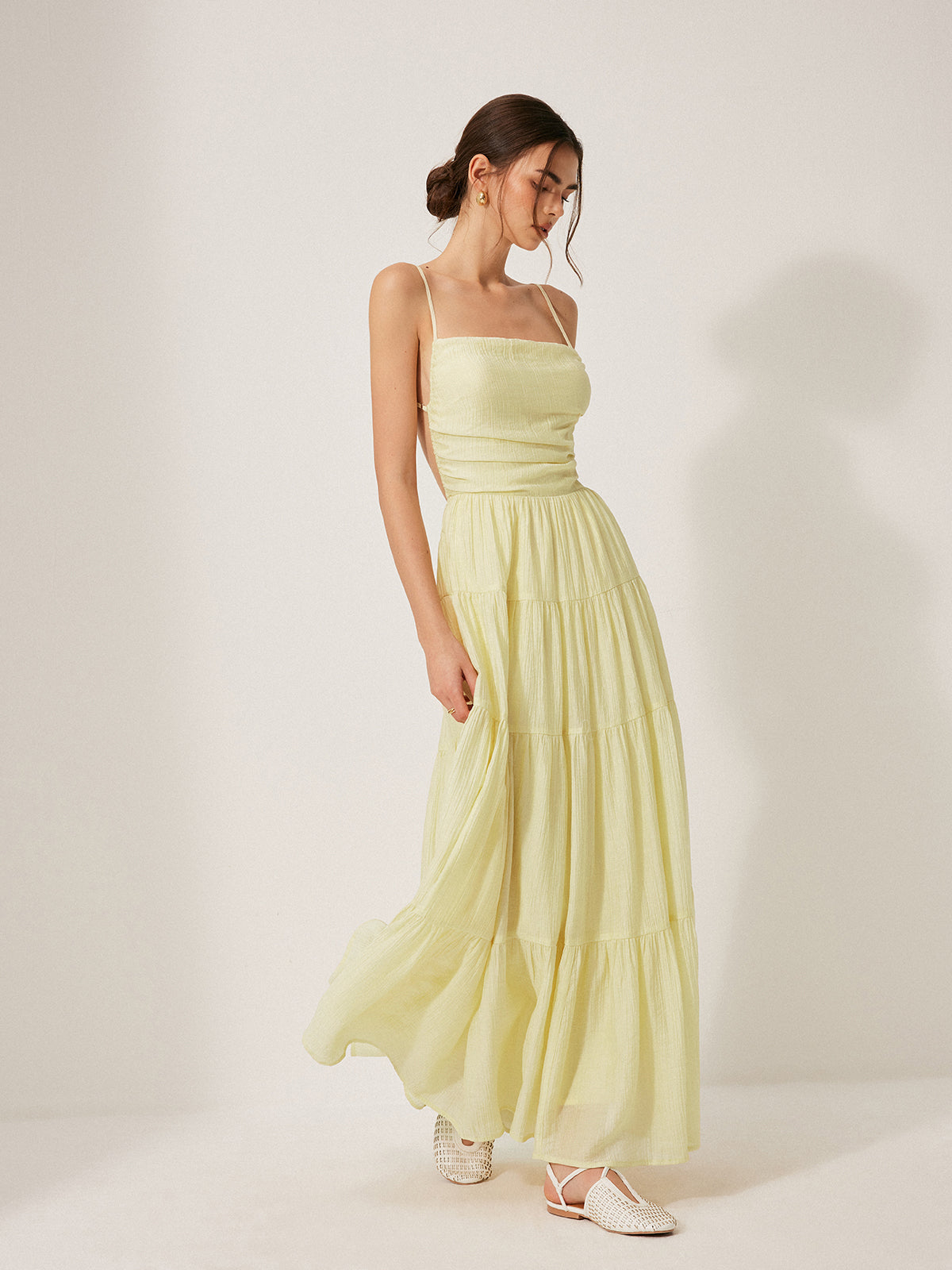 Pleated Backless Tiered Cami Dress - Yellow - XL Pleated Backless Tiered Cami Dress - Yellow - XL