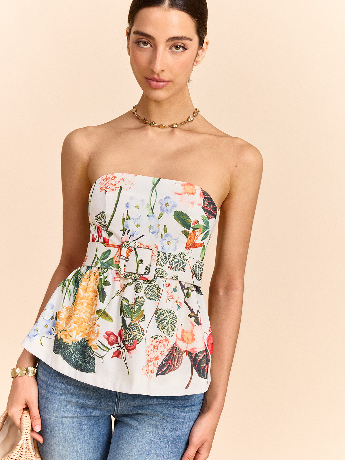 Floral Print Strapless Peplum Top With Belt COMMENSE