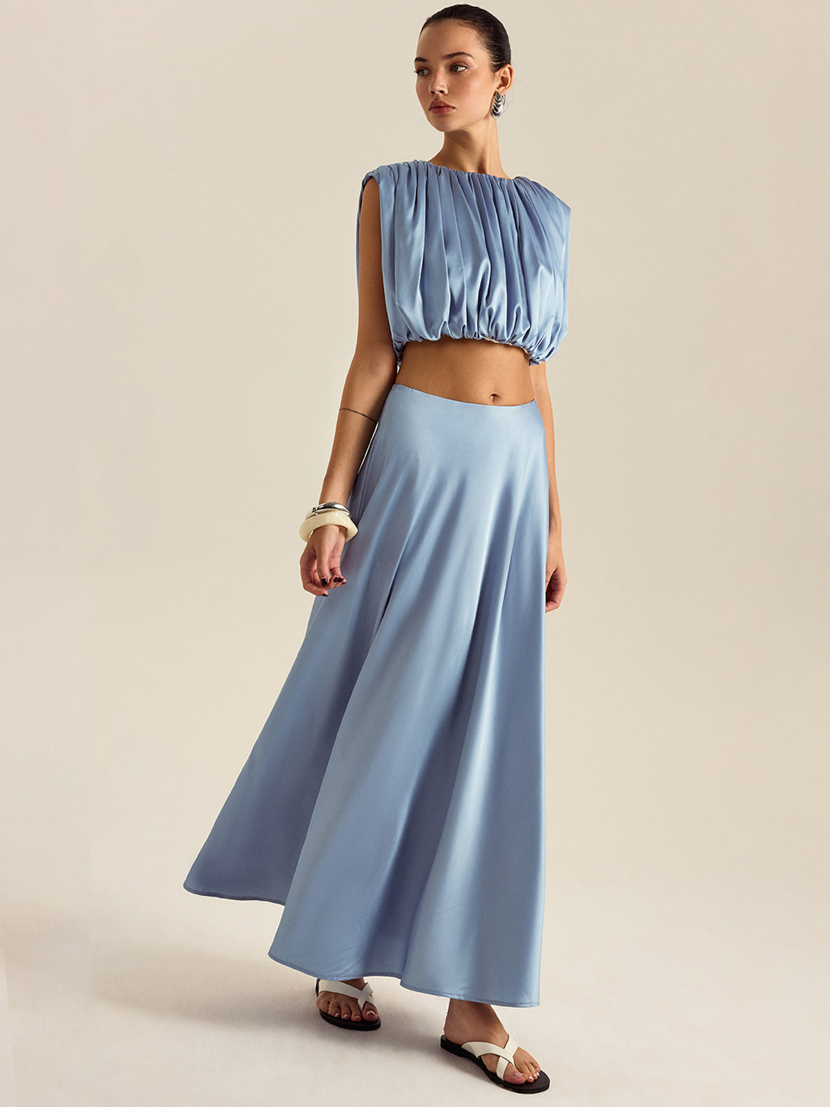 Ruched Crop Top With Buttoned Skirt Set