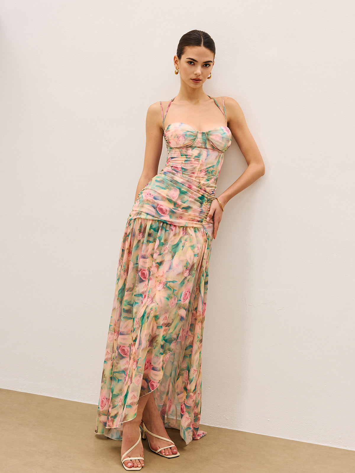 ruched cami dress Floral Print Ruched Summer Cami Dress with Adjustable Straps  Perfect   Canary Houze