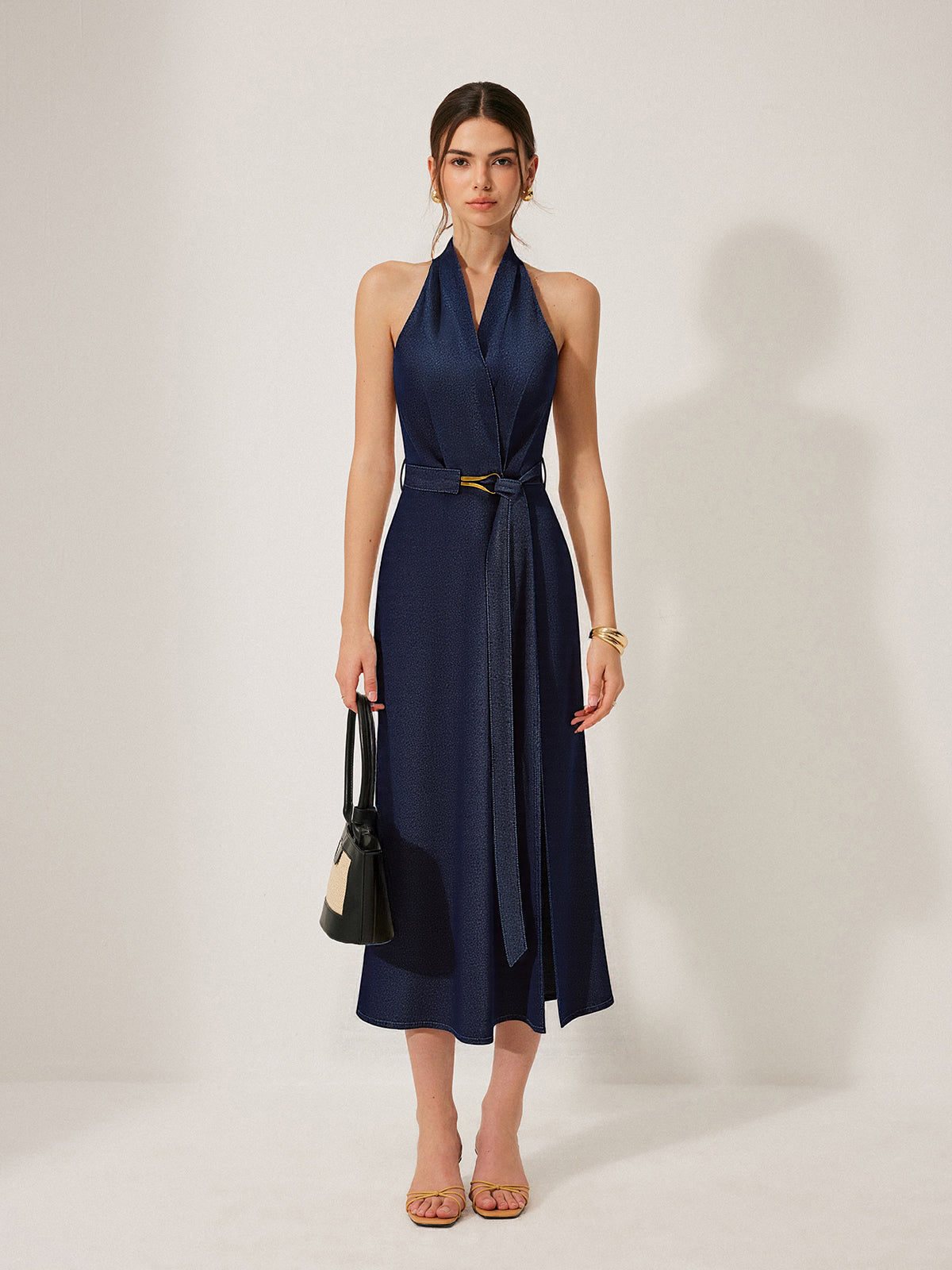 Denim Belted Halter Neck Midi Dress | COMMENSE Denim Belted Halter Neck Midi Dress | COMMENSE