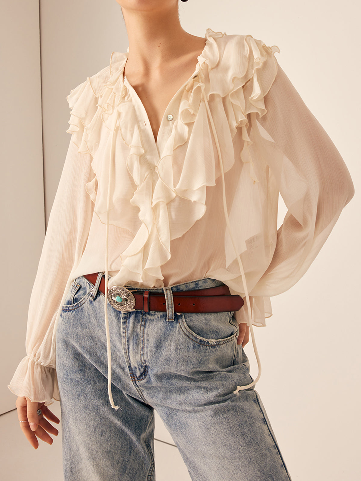 Semi-Sheer Chiffon Ruffled Blouse
