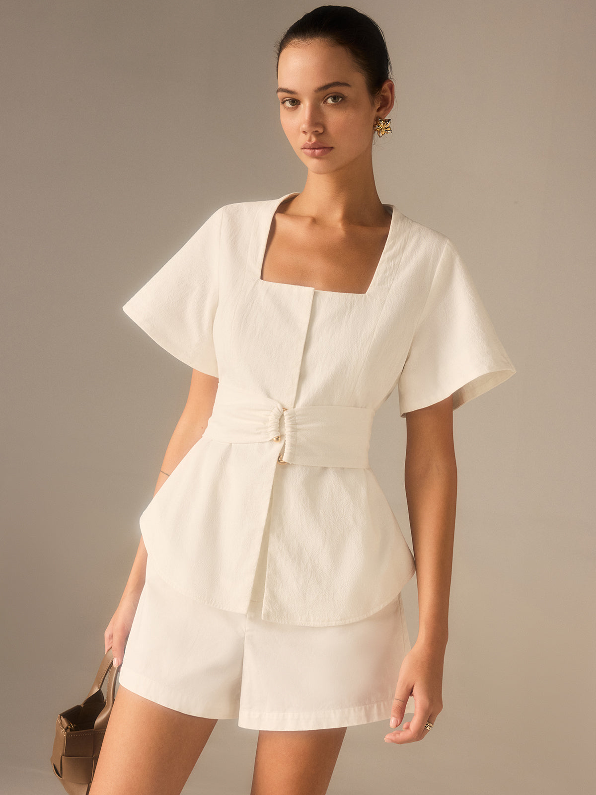 Shoulder Straps Square Neck Pin Tucks Cotton Top main image 1