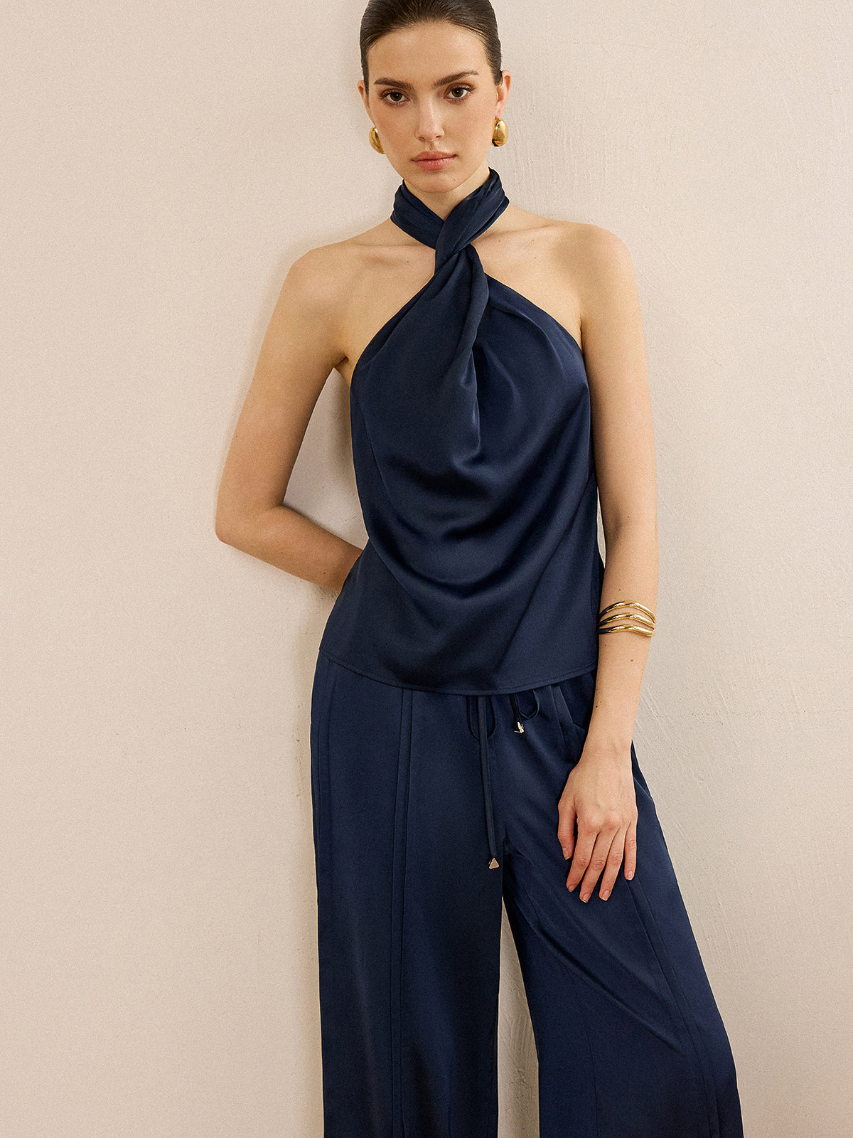 Satin Halter Neck Top and Wide-Leg Pants Set | COMMENSE