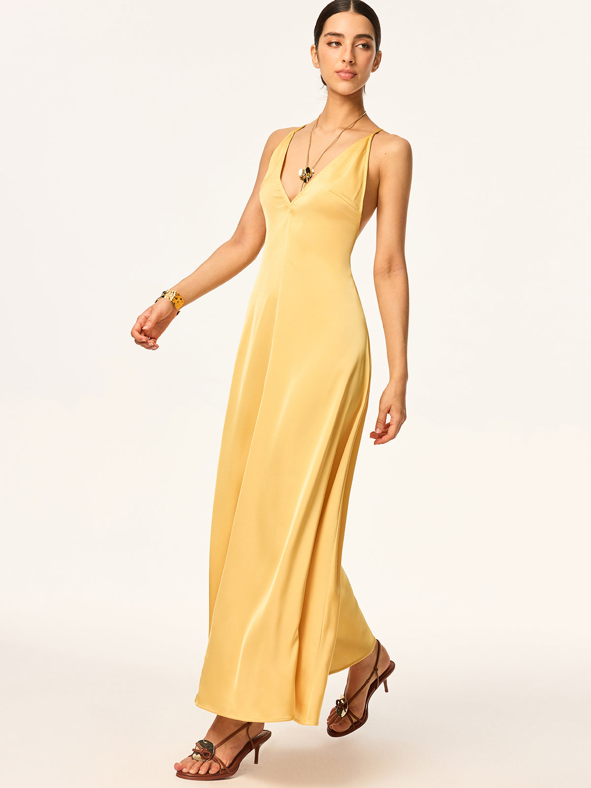 Satin Maxi Dress Cross Over Straps with A Self Tie Fastening VMP178