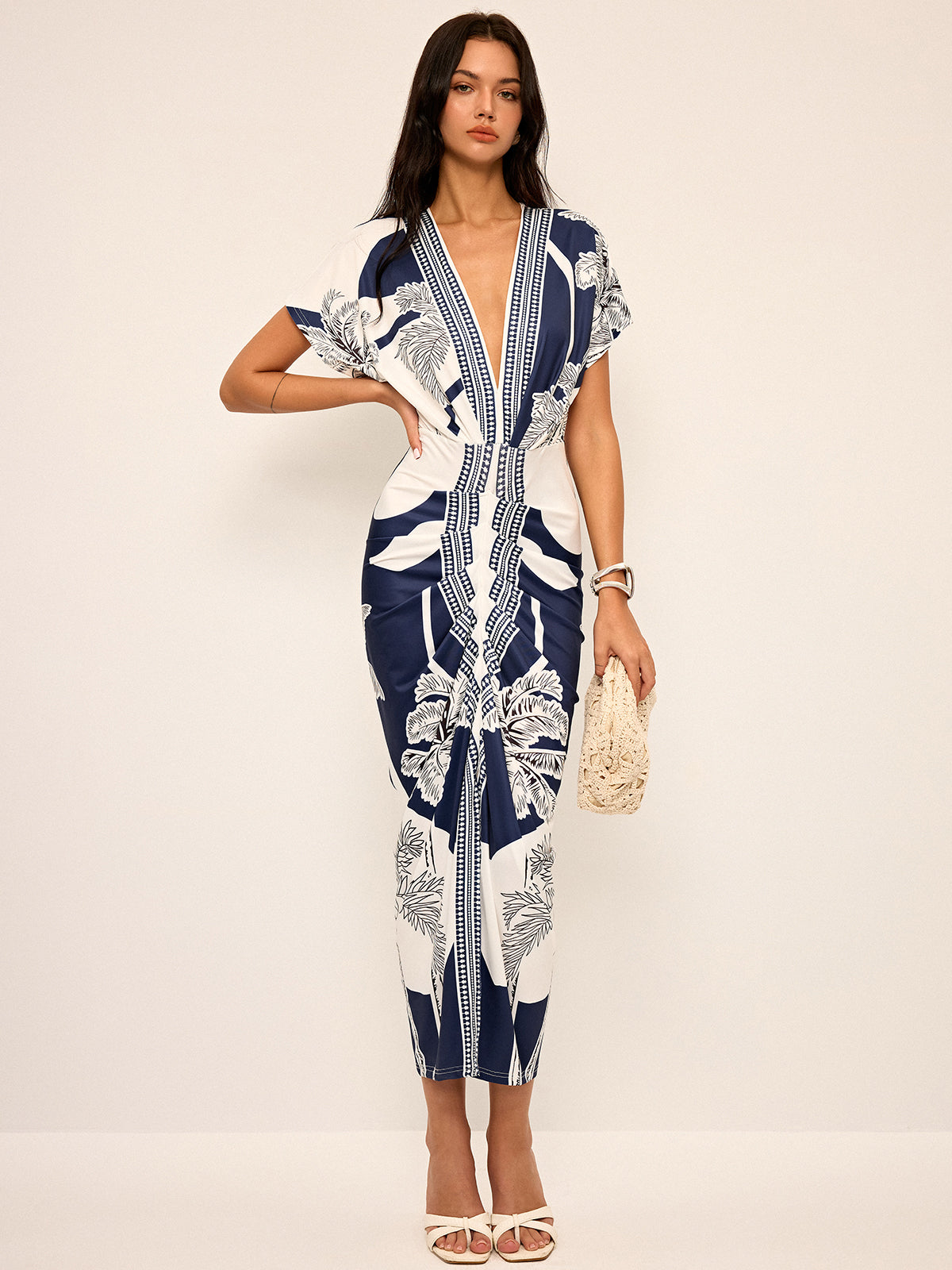 deep v neck midi dress Printed deep v-neck midi dress without belt - Navy