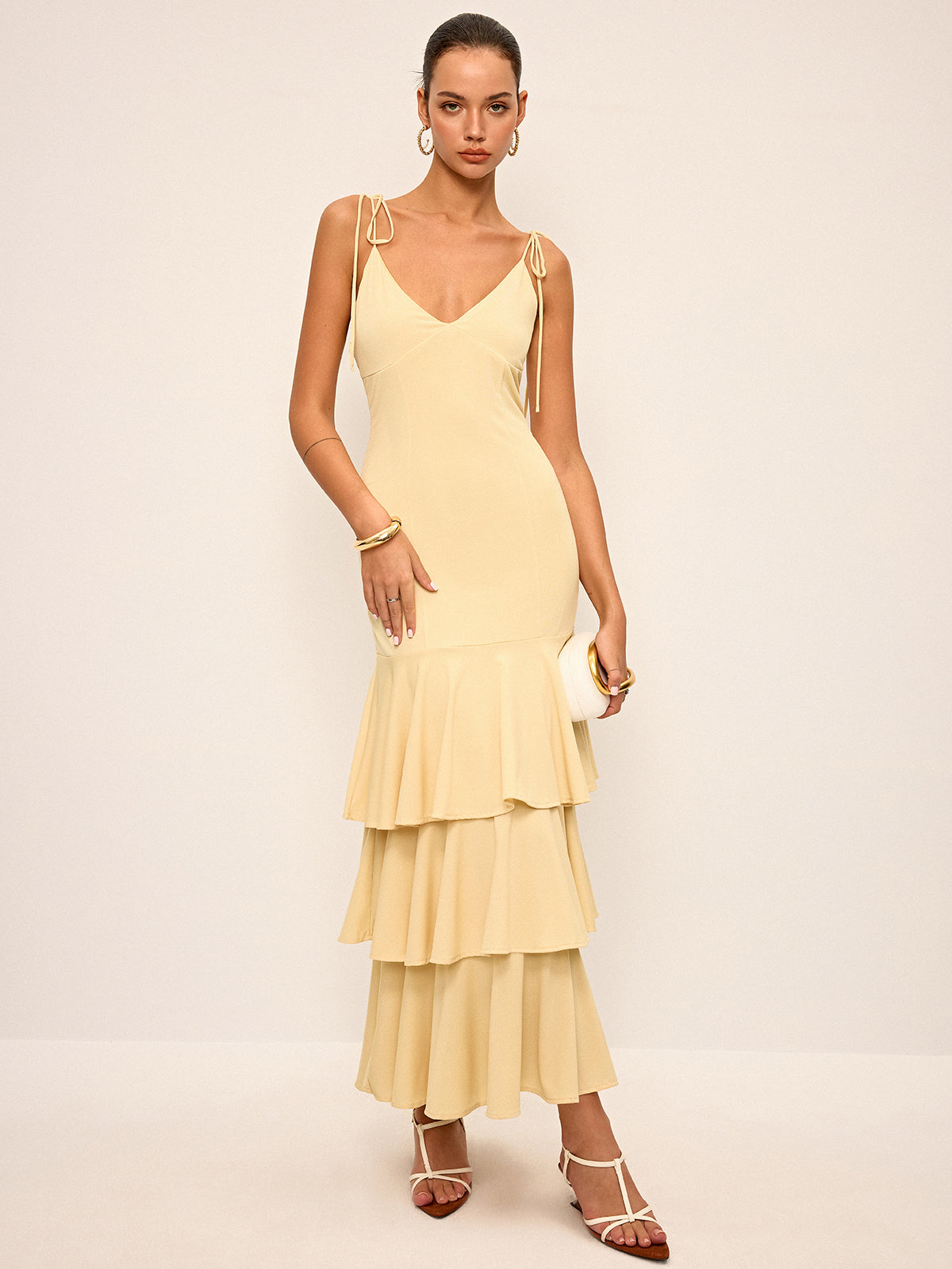 Tie-Strap Shoulder Tiered Maxi Dress | COMMENSE