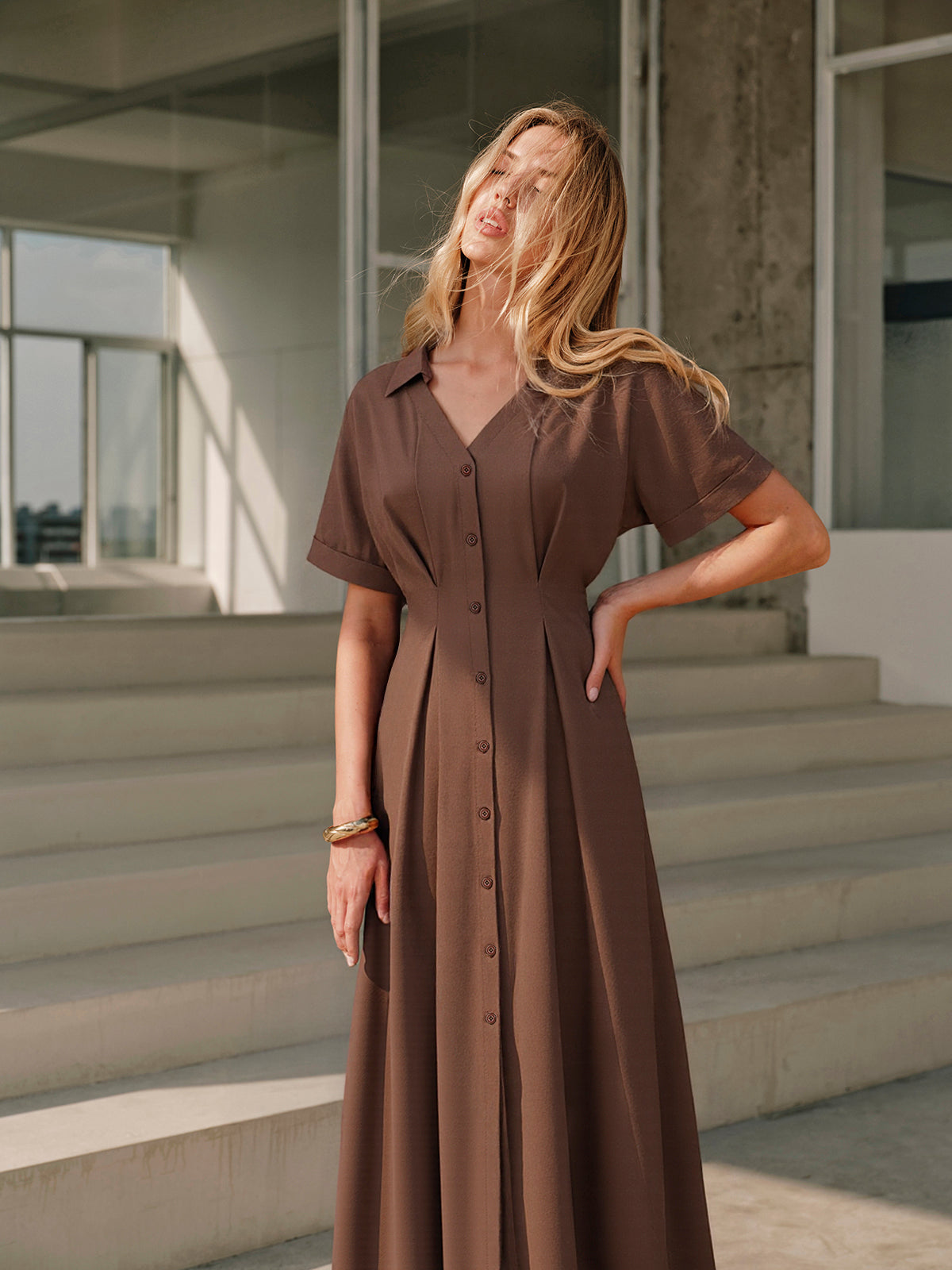 strapless open back dress Pleated Button-Front Shirt Dress