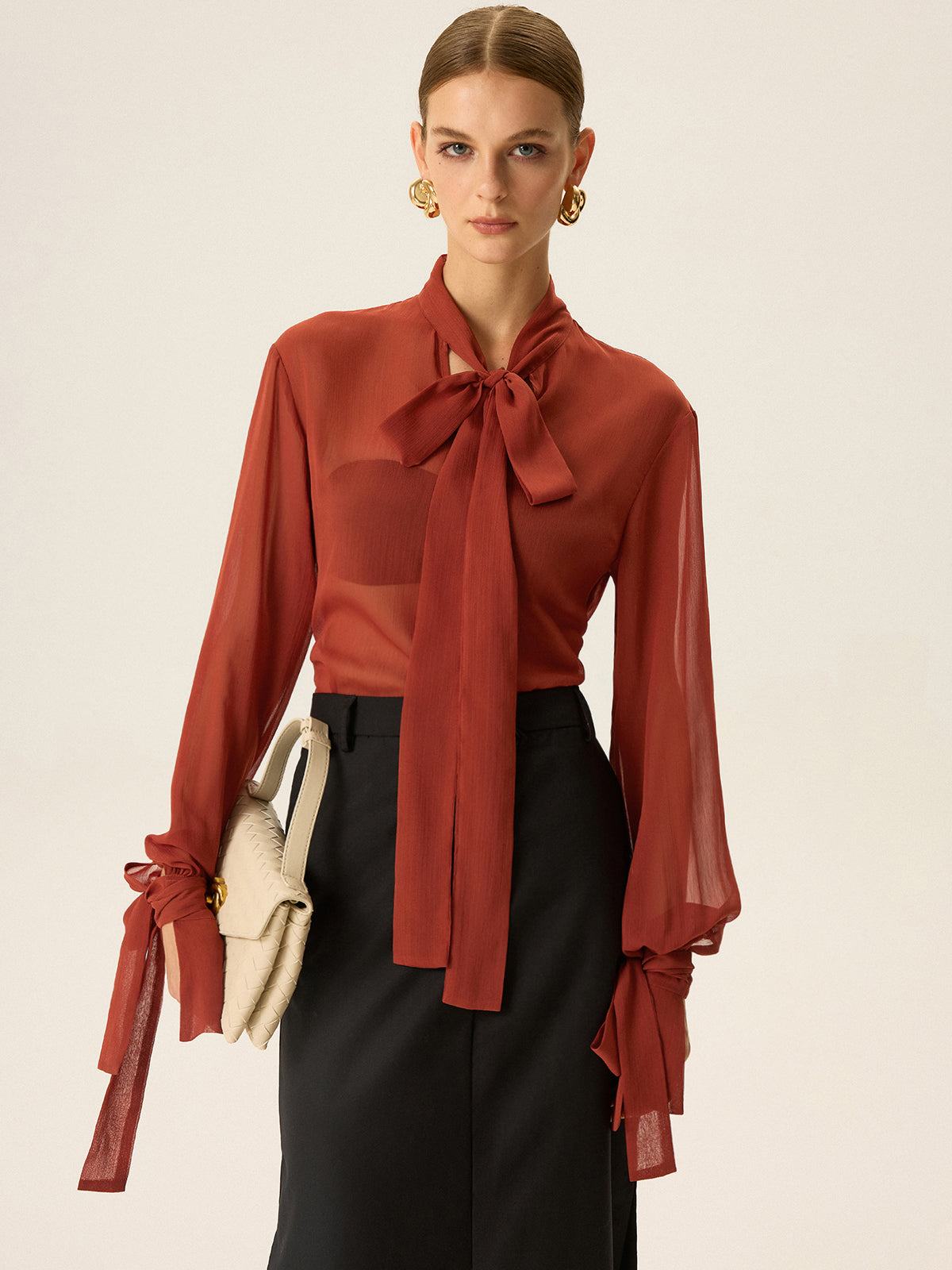 Semi-Sheer Chiffon V-Neck Ruched Blouse