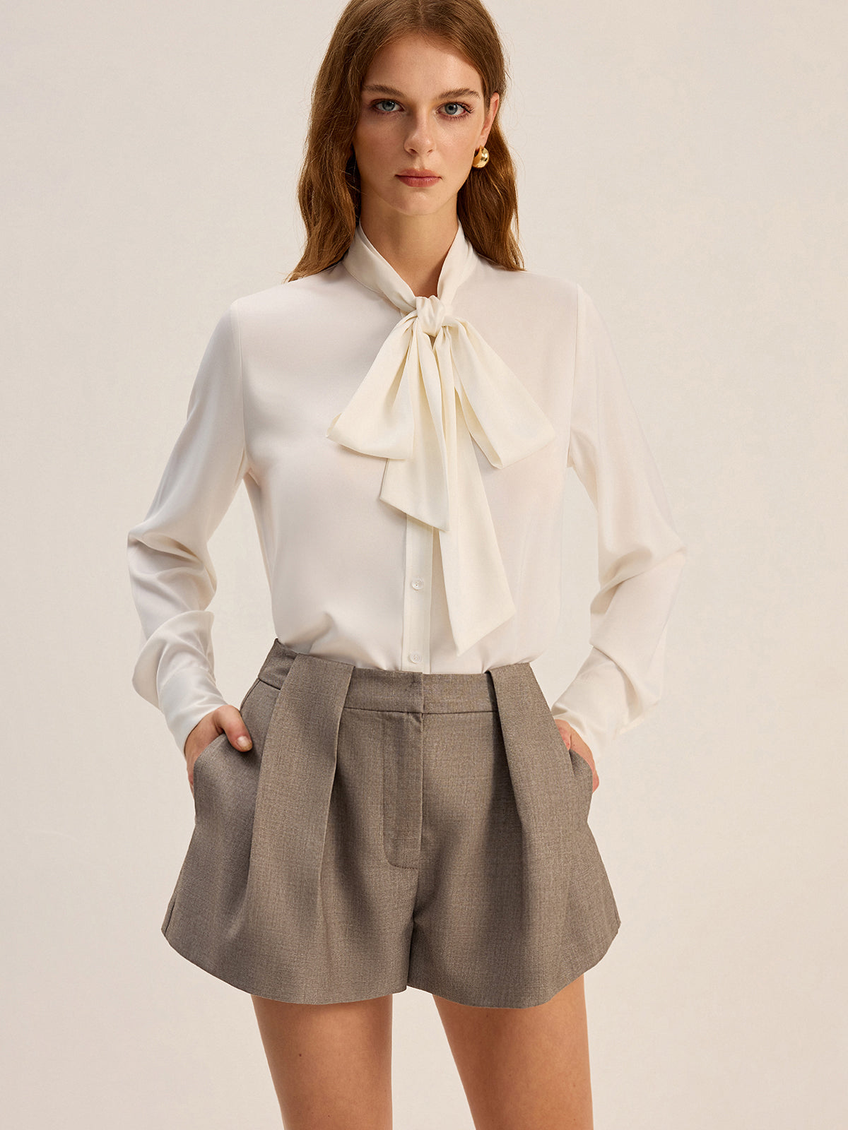 Satin Bow-Tie Neck Long-Sleeve Shirt – COMMENSE
