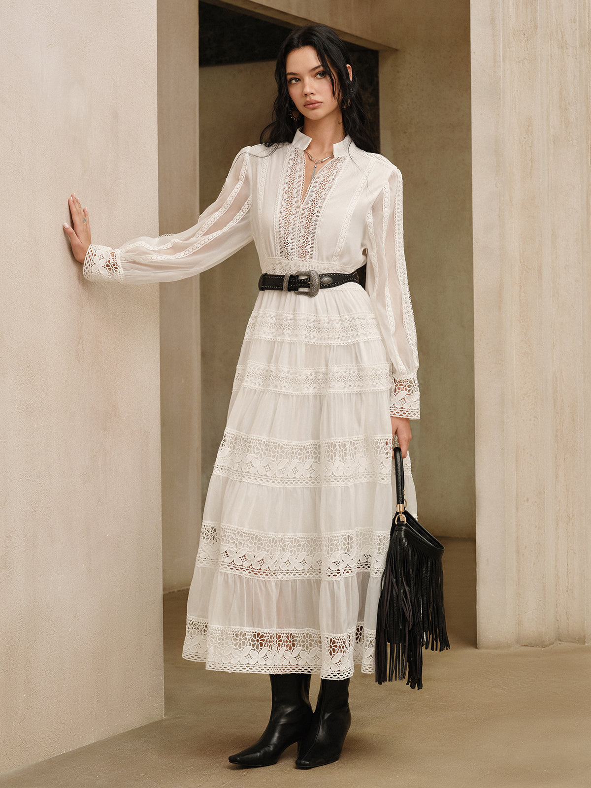 Semi-Sheer Lace Panel Maxi Dress without Belt Semi-Sheer Lace Panel Maxi Dress without Belt