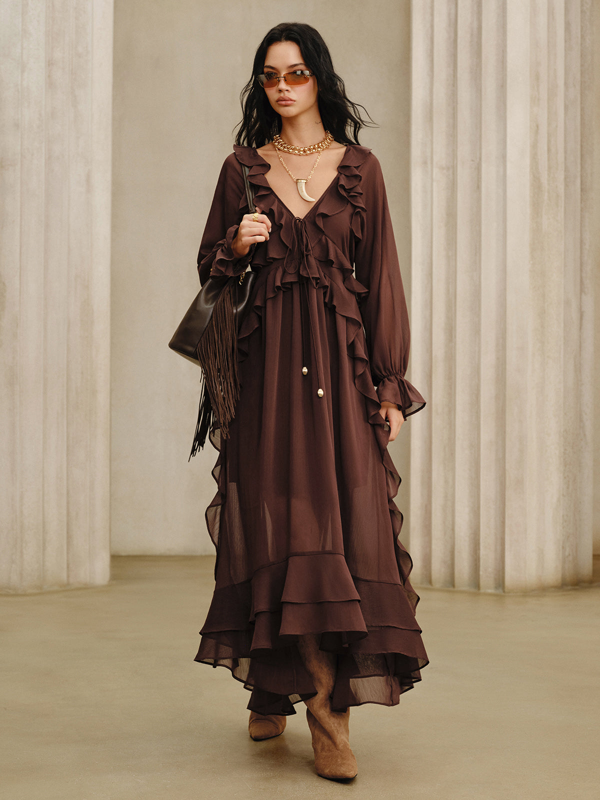 ruffle chiffon maxi dress Fuchsia Ruffle Side Slit Chiffon Maxi Dress main image 1
