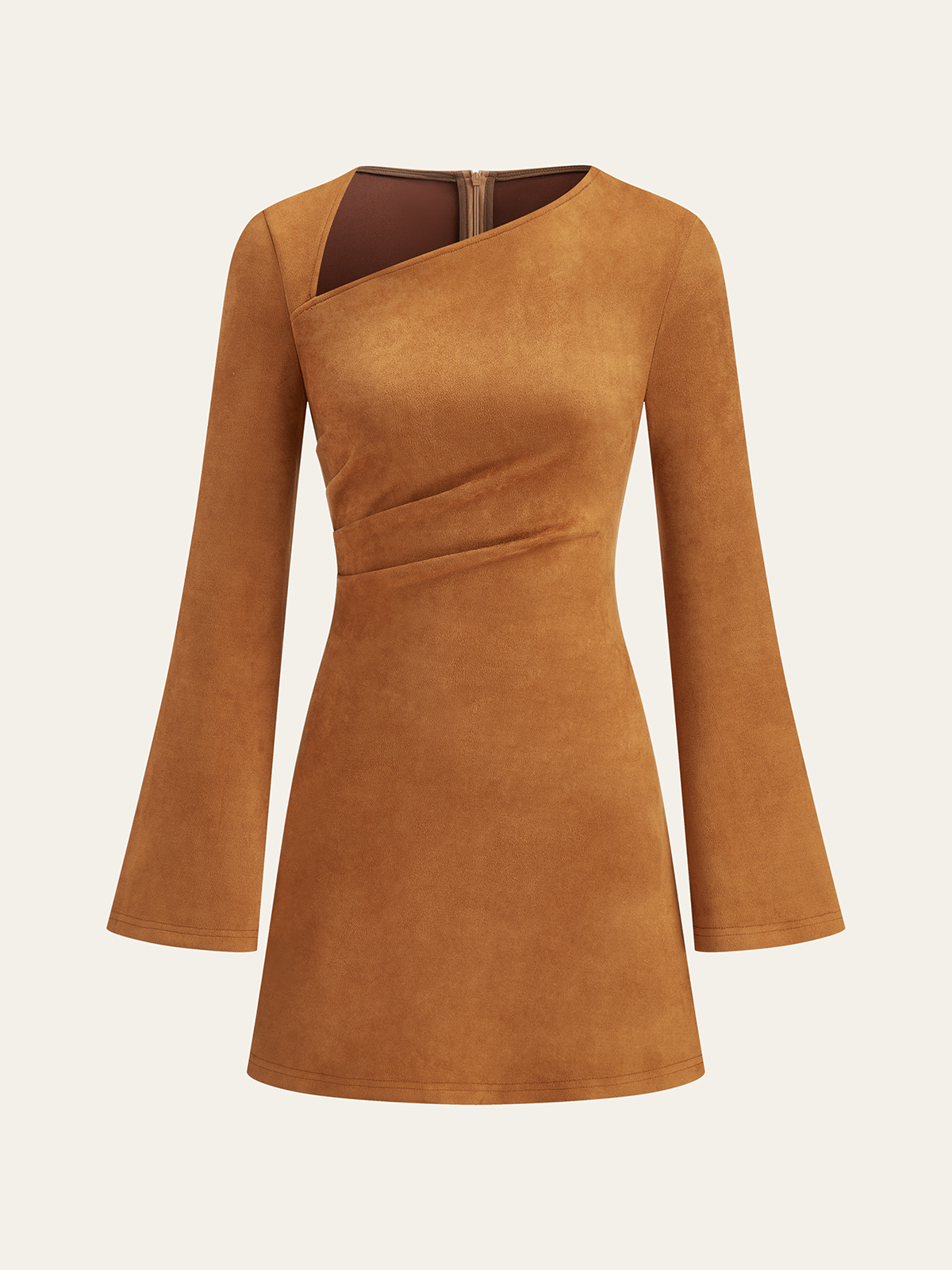 Asymmetrical ruched long sleeve suede effect mini dress - ArmyGreen