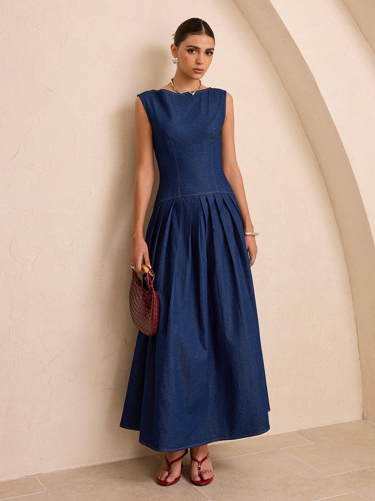 denim sleeveless maxi dress Faux Denim Sleeveless Pleated Maxi Dress