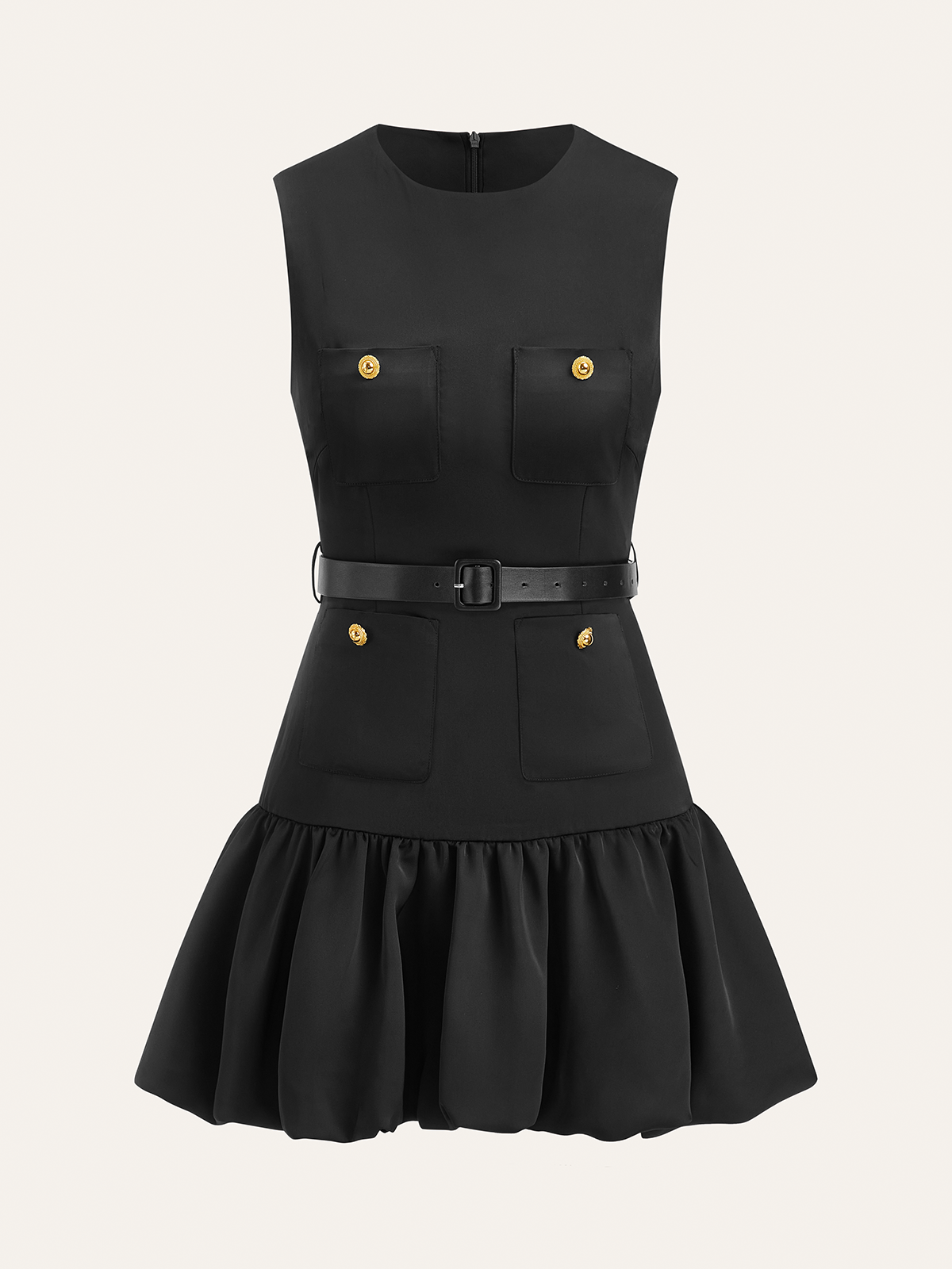 Square-Neck Belted Metal Button Mini Dress