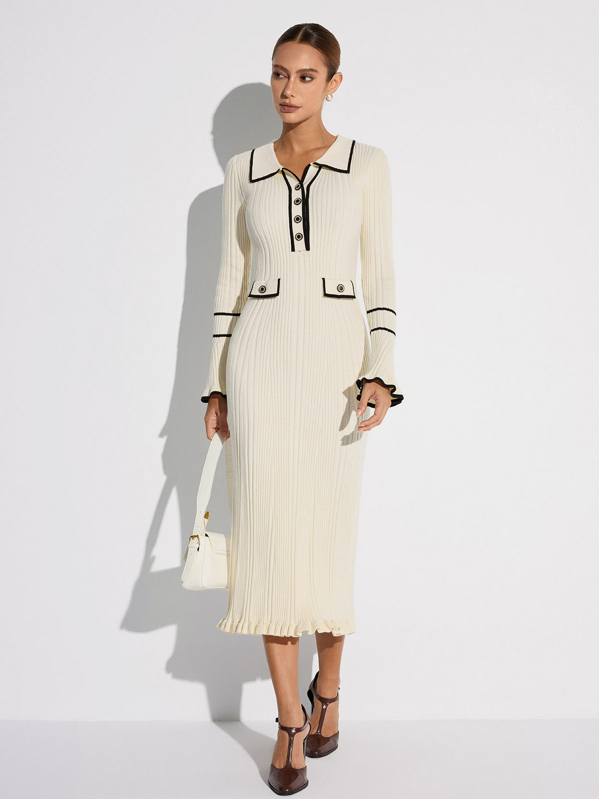 contrast trim button down knitted dress Contrast Trim Buttoned Ribbed Sweater Dress