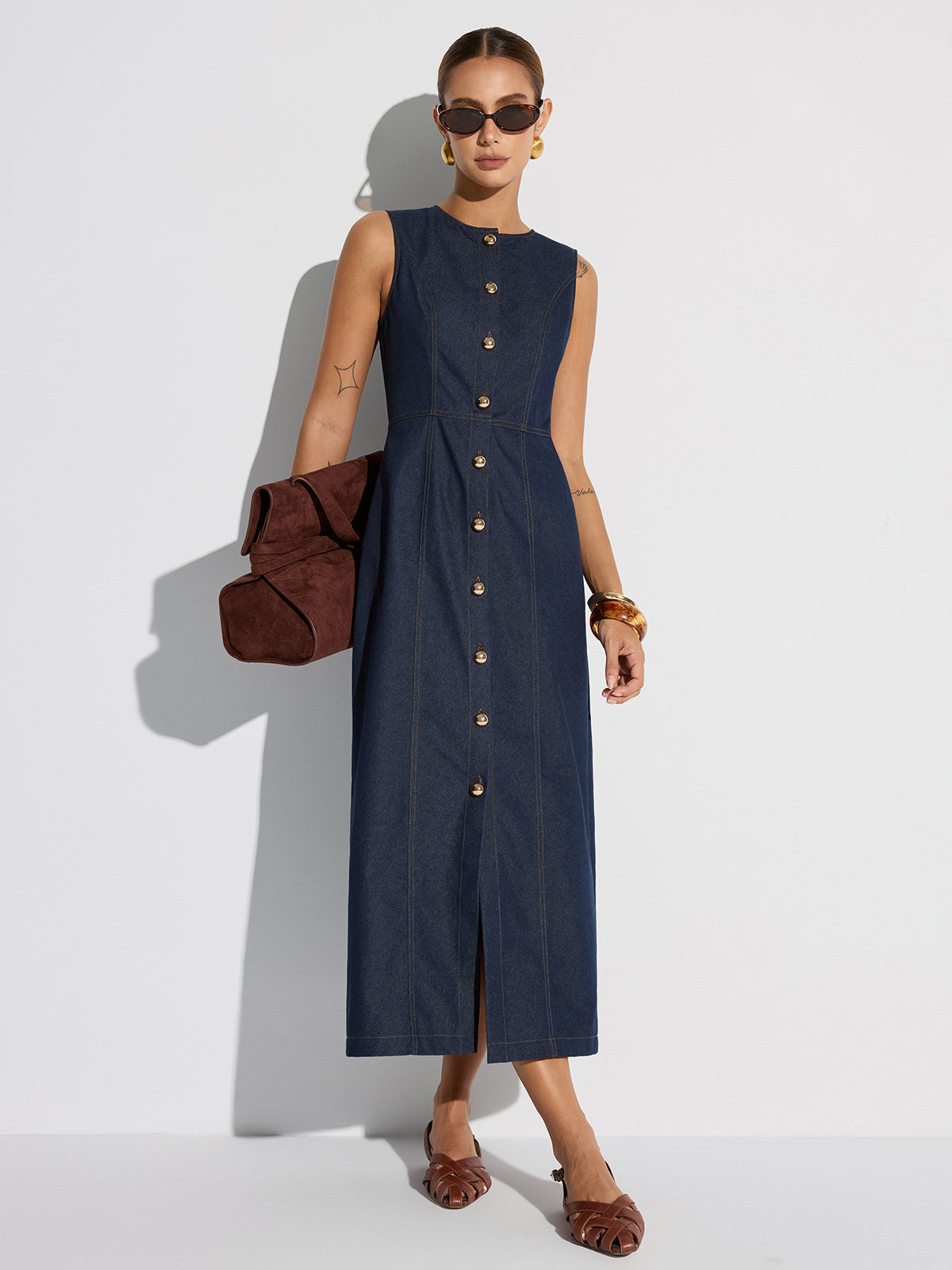 sleeveless denim maxi dress Button-Front Sleeveless Denim Maxi Dress