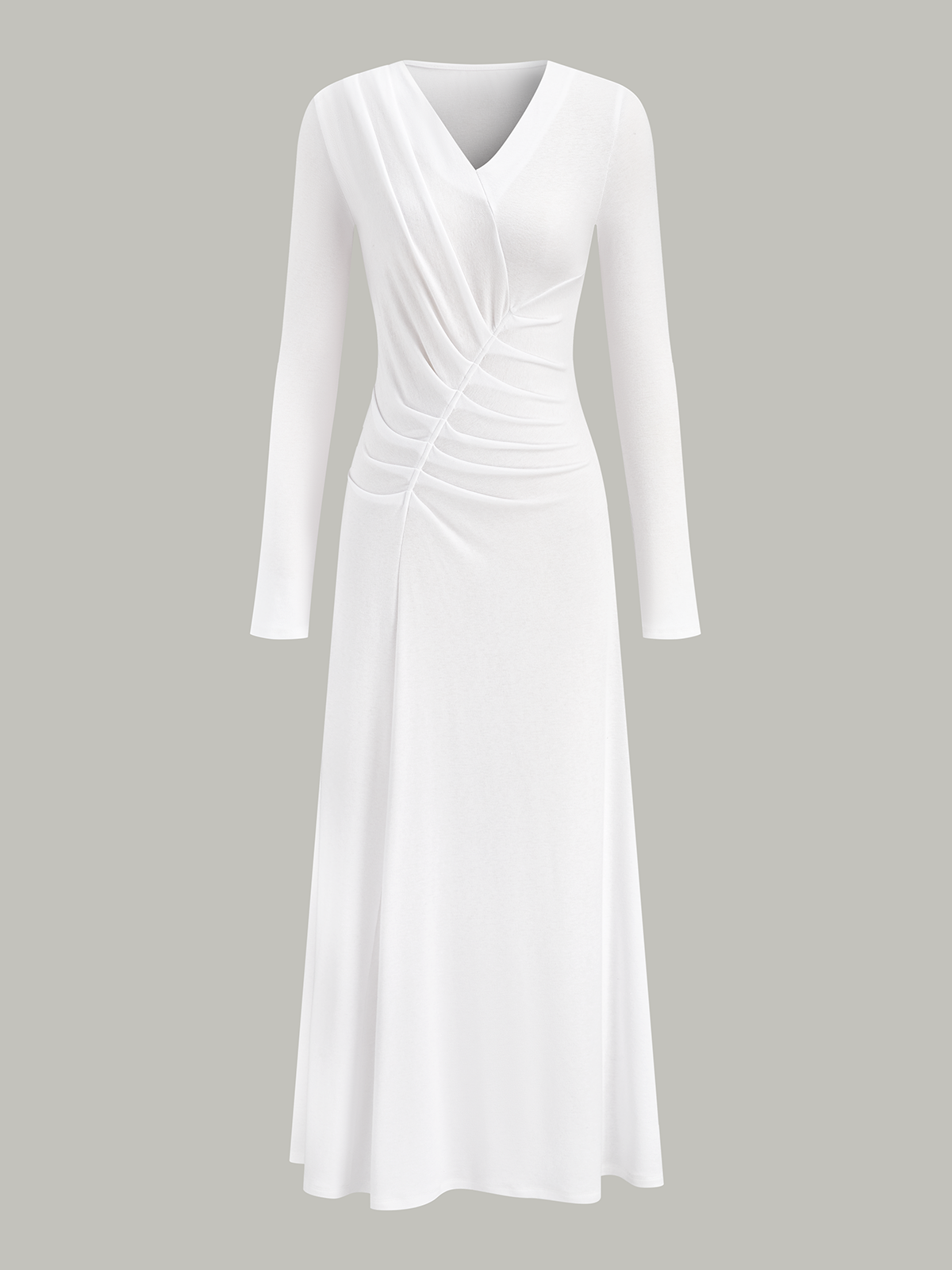 Deep V-Neck Ruched Long Sleeve Maxi Dress - Pink
