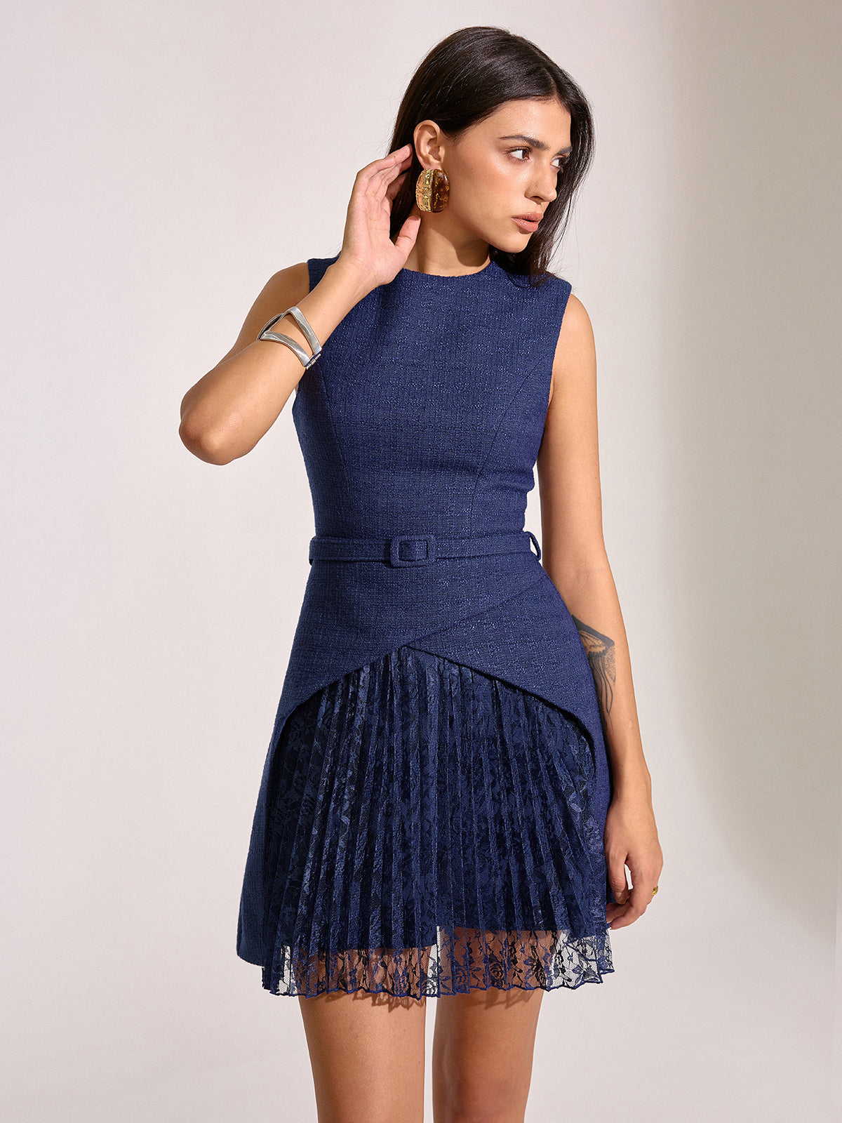 blue lace mini dress Belted Pleated Lace Mini Dress