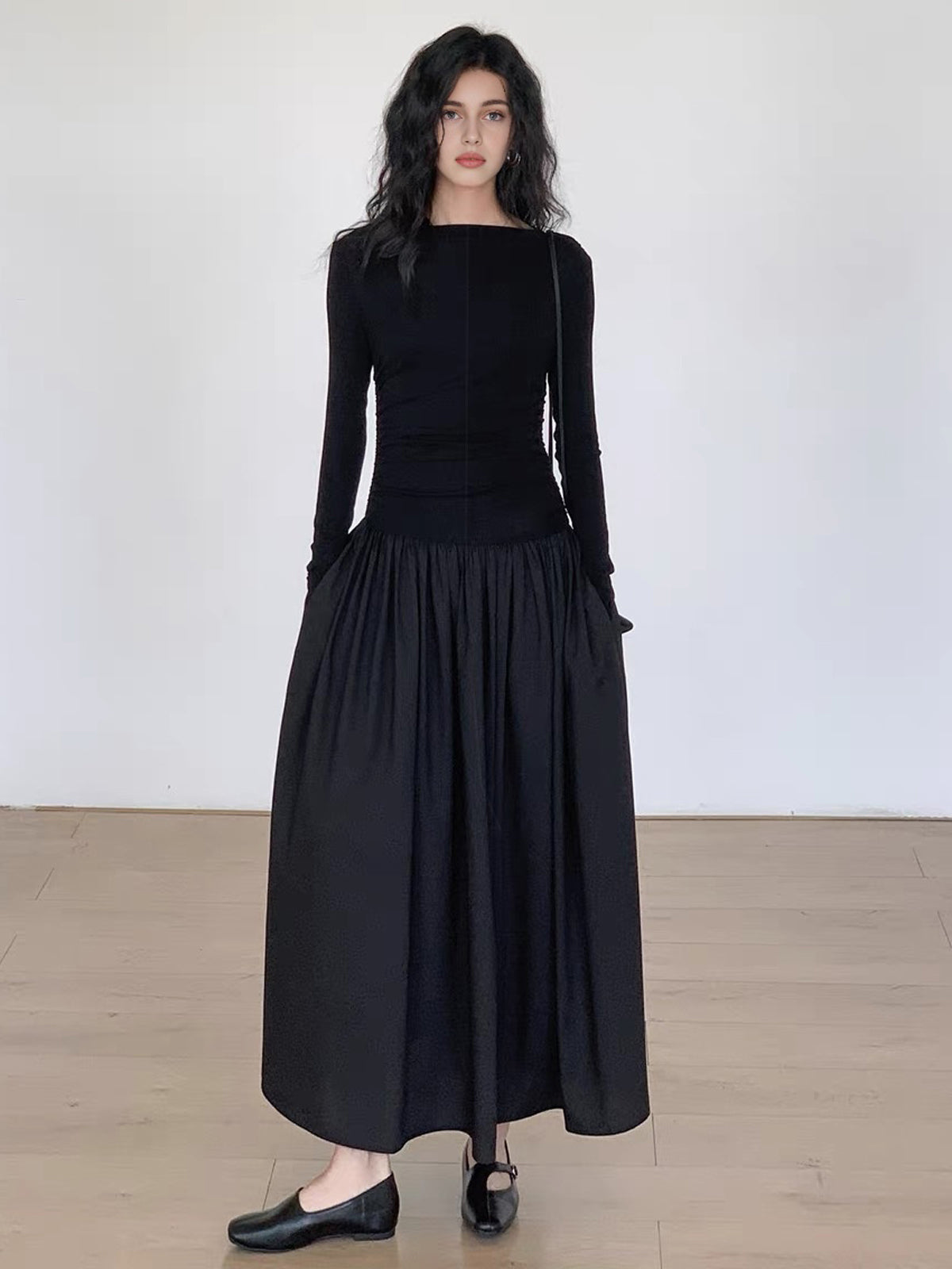 hal plaster long sleeve knit midi dress Pleated Patchwork Knit Long Sleeve Midi Dress
