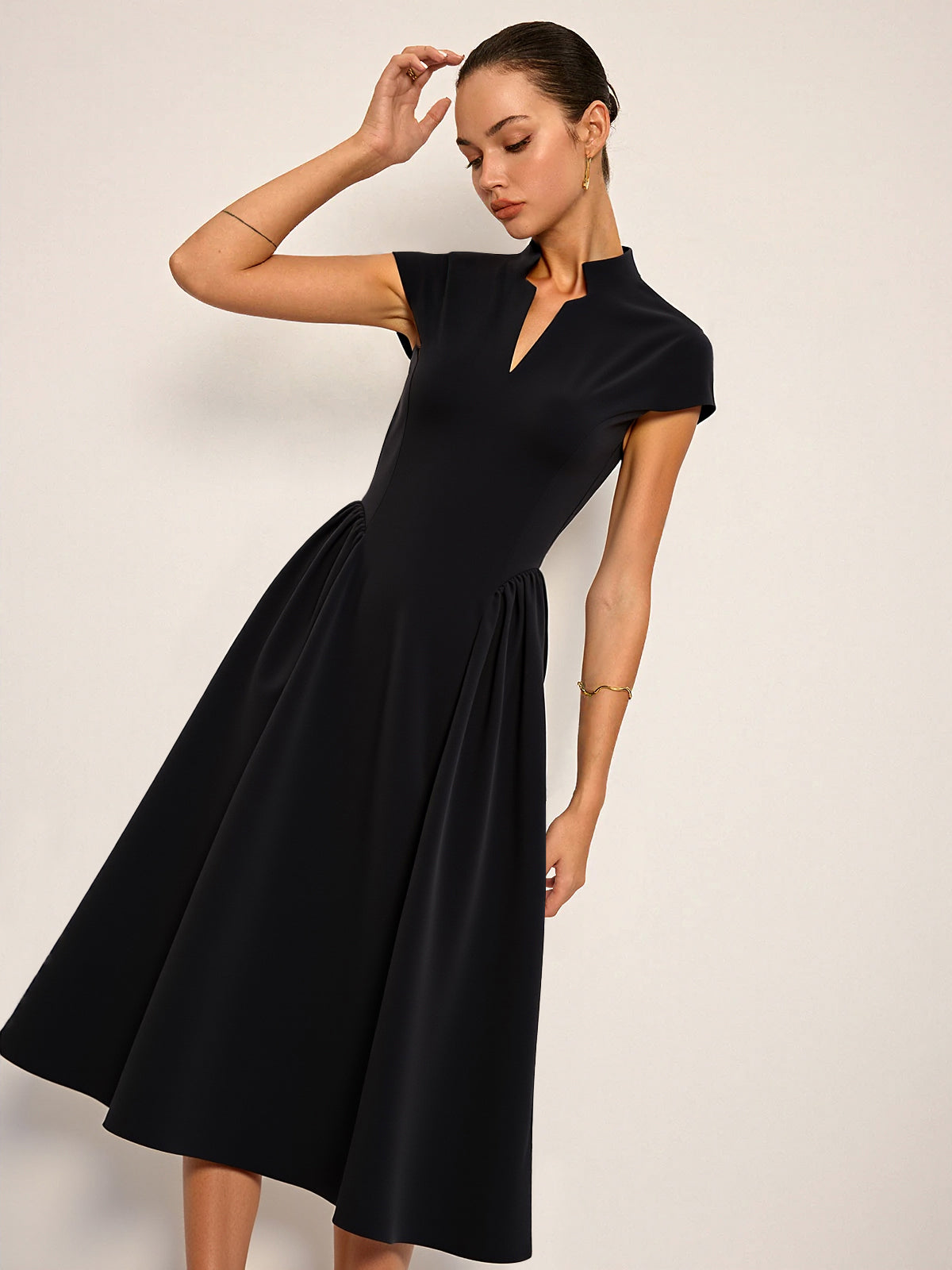 Cap Sleeved Keyhole Neckline Flared Midi Dress