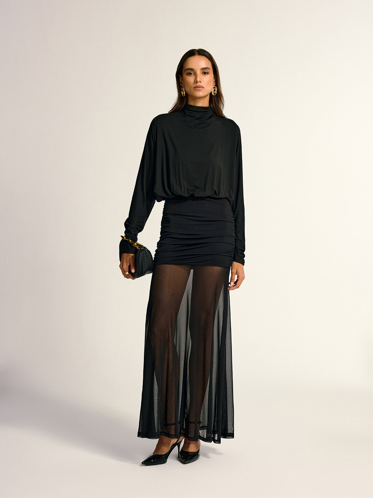 black mesh turtleneck dress Turtleneck long sleeve drape ruched mesh dress - Red