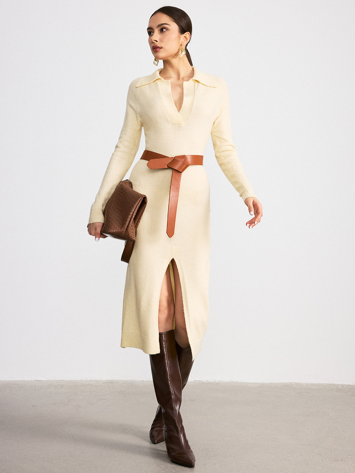 Collared split-hem belted knit midi dress - Yellow - M Collared split-hem belted knit midi dress - Yellow - M