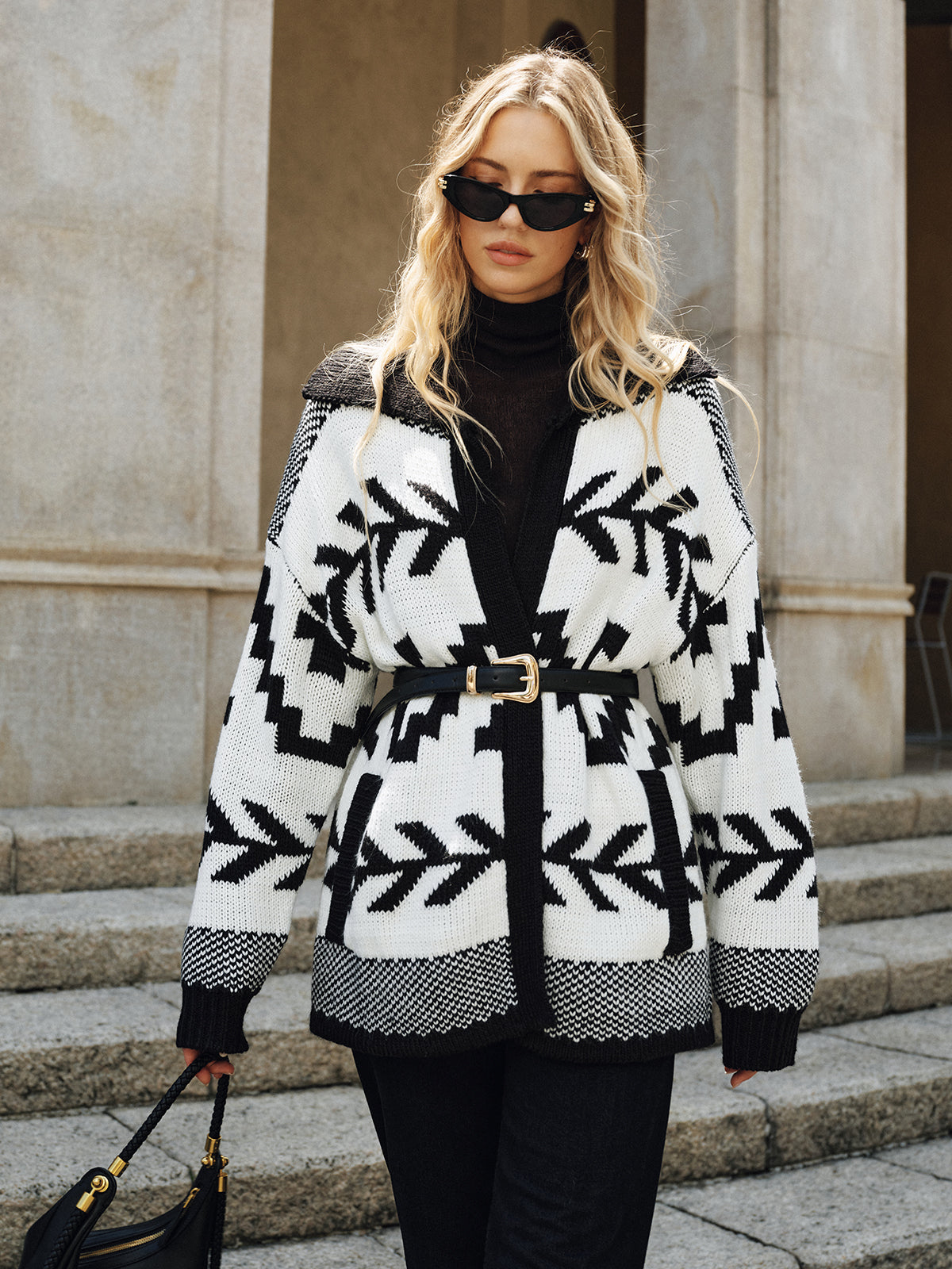 Geometric Pattern Collared Knit Cardigan without Belt | COMMENSE