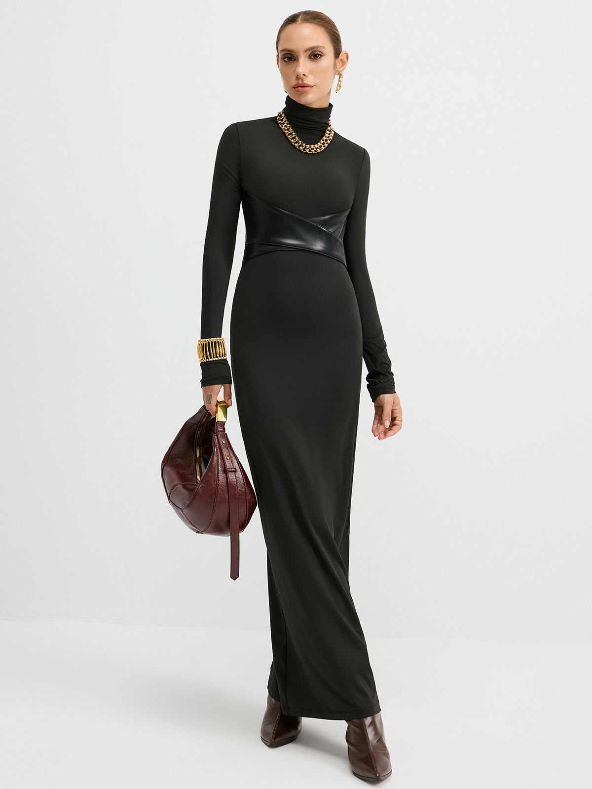 Turtleneck Faux Leather Paneled Maxi Dress Turtleneck Faux Leather Paneled Maxi Dress