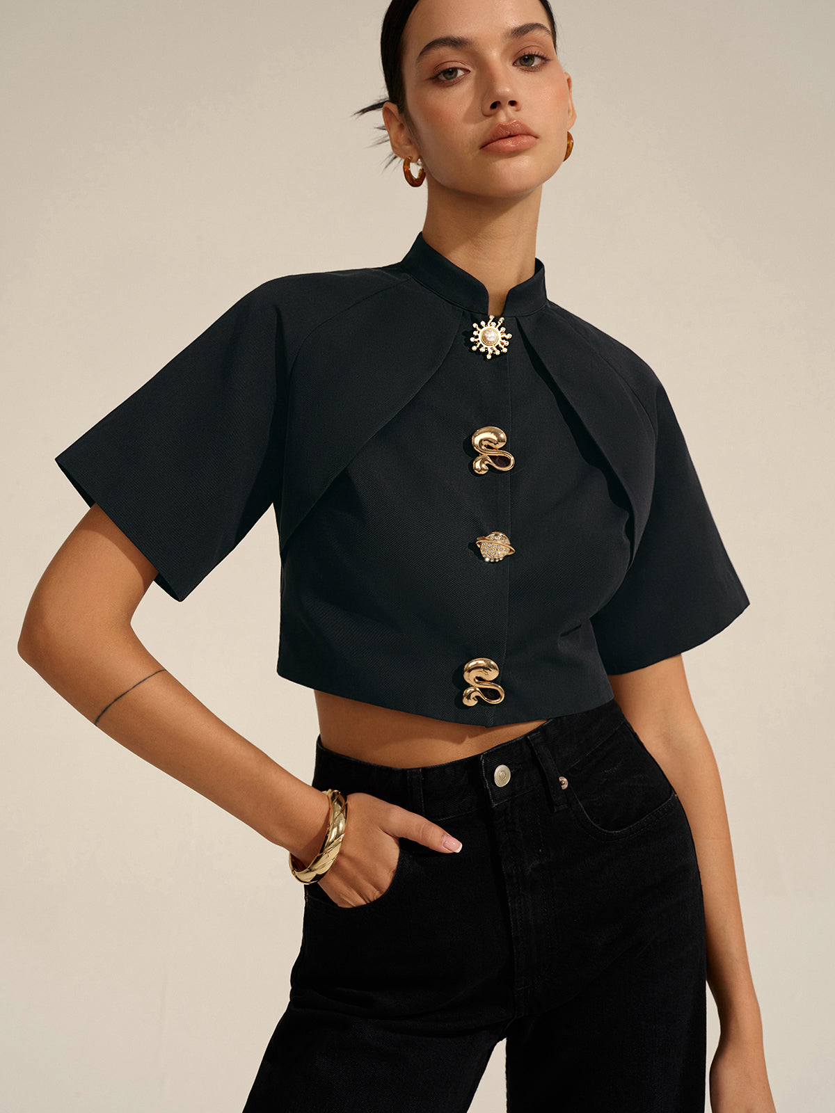 Ribbed Crew Neck Metal Button Blouse main image 1