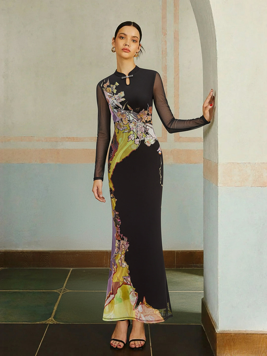Mesh Long Sleeve Floral Print Maxi Dress - Black