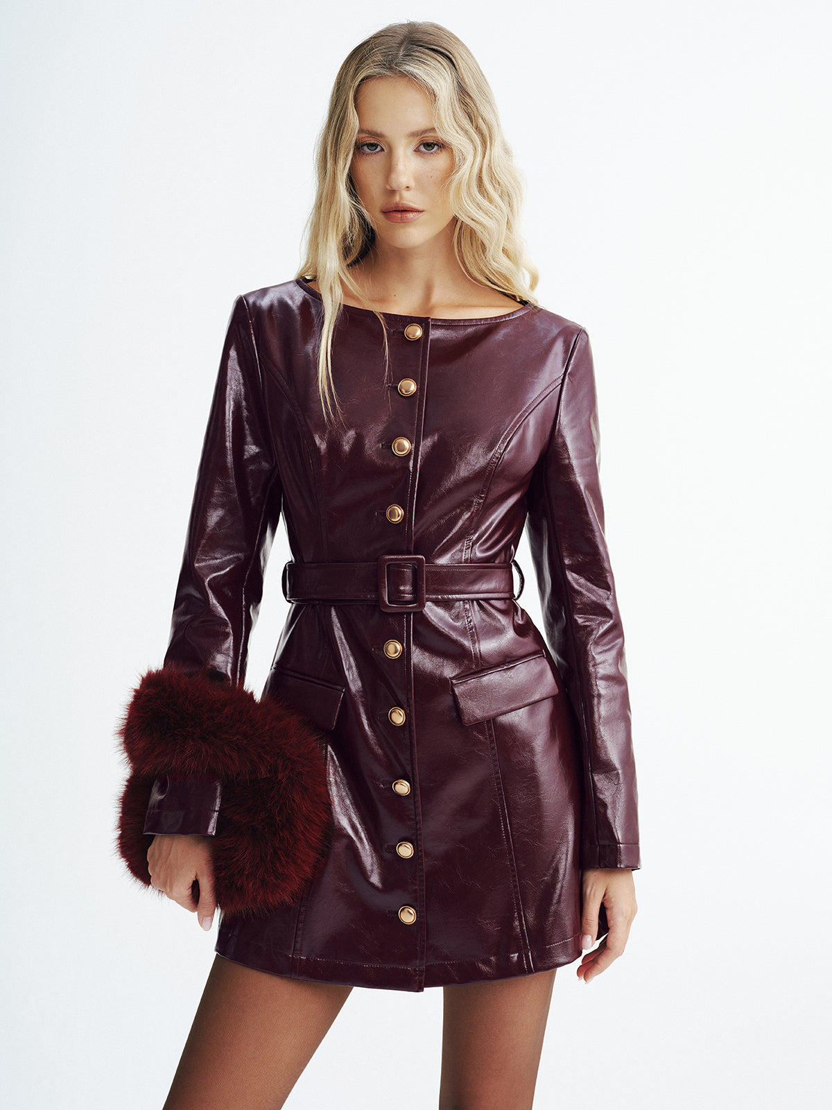 Faux Leather Belted Mini Dress - Burgundy