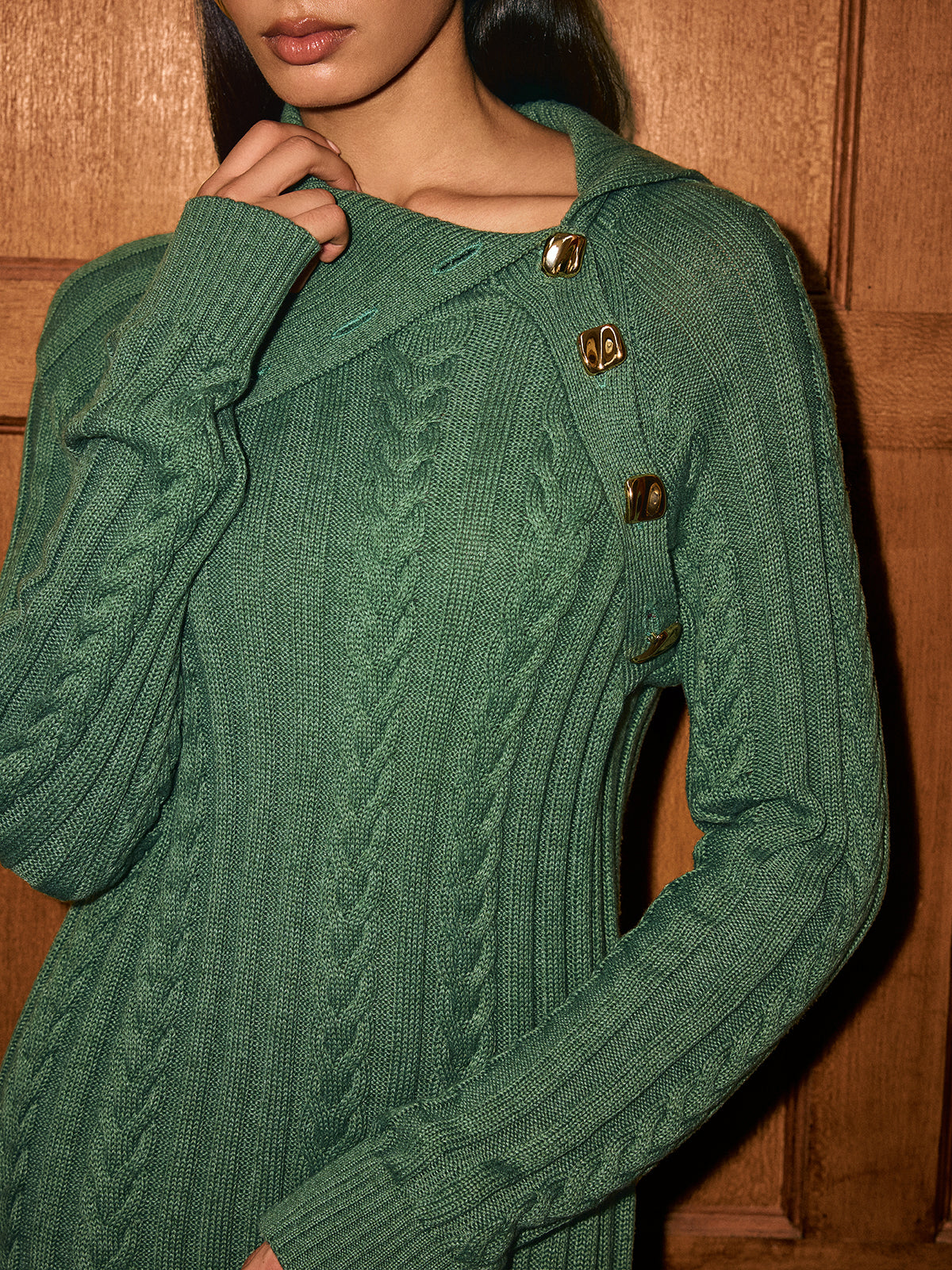 Asymmetric collar cable-knit sweater dress - Green - M Asymmetric collar cable-knit sweater dress - Green - M