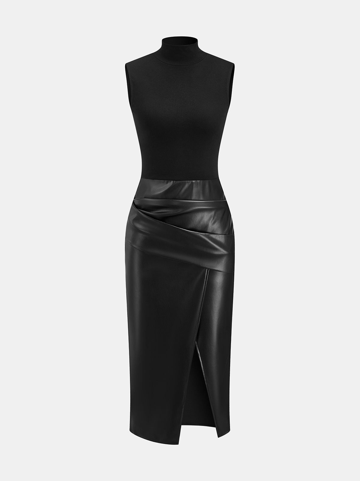 faux leather panel dress Mock Neck Sleeveless Black leather midi dress