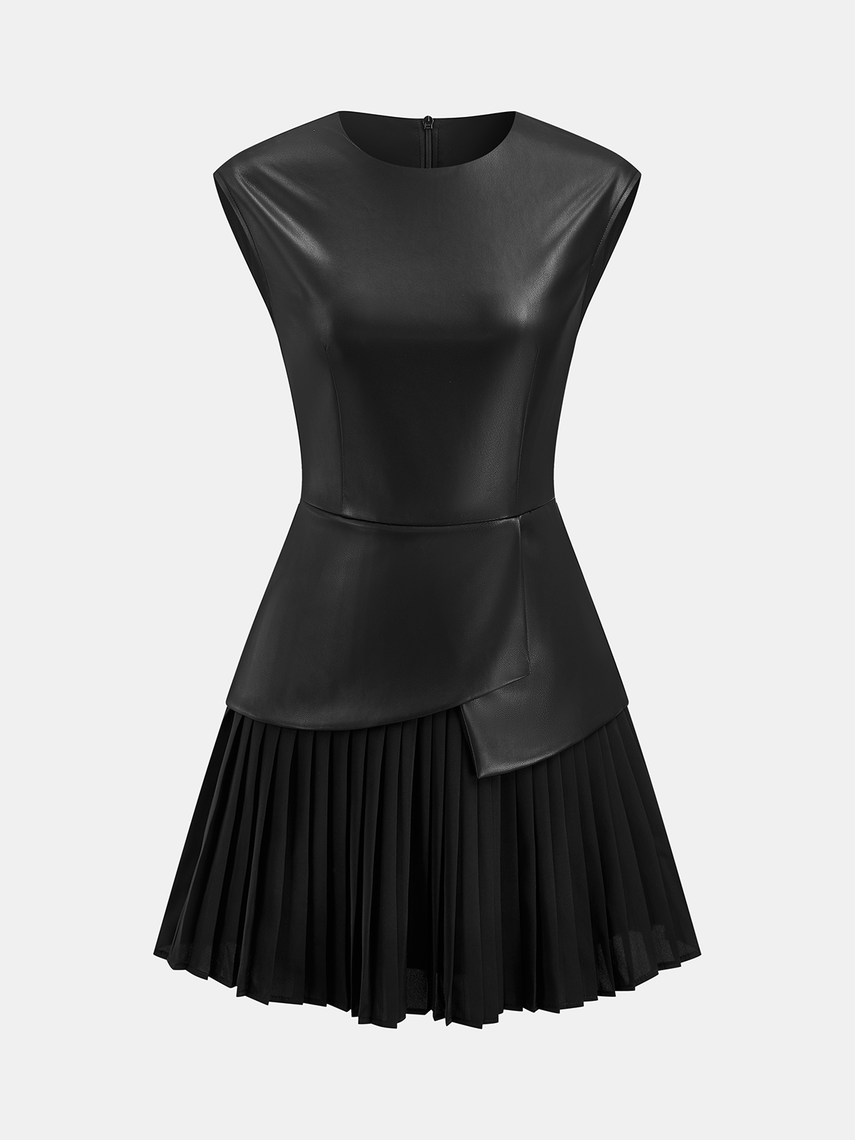 chinese dress ladies Pleated Panel Sleeveless PU Leather Dress - Black