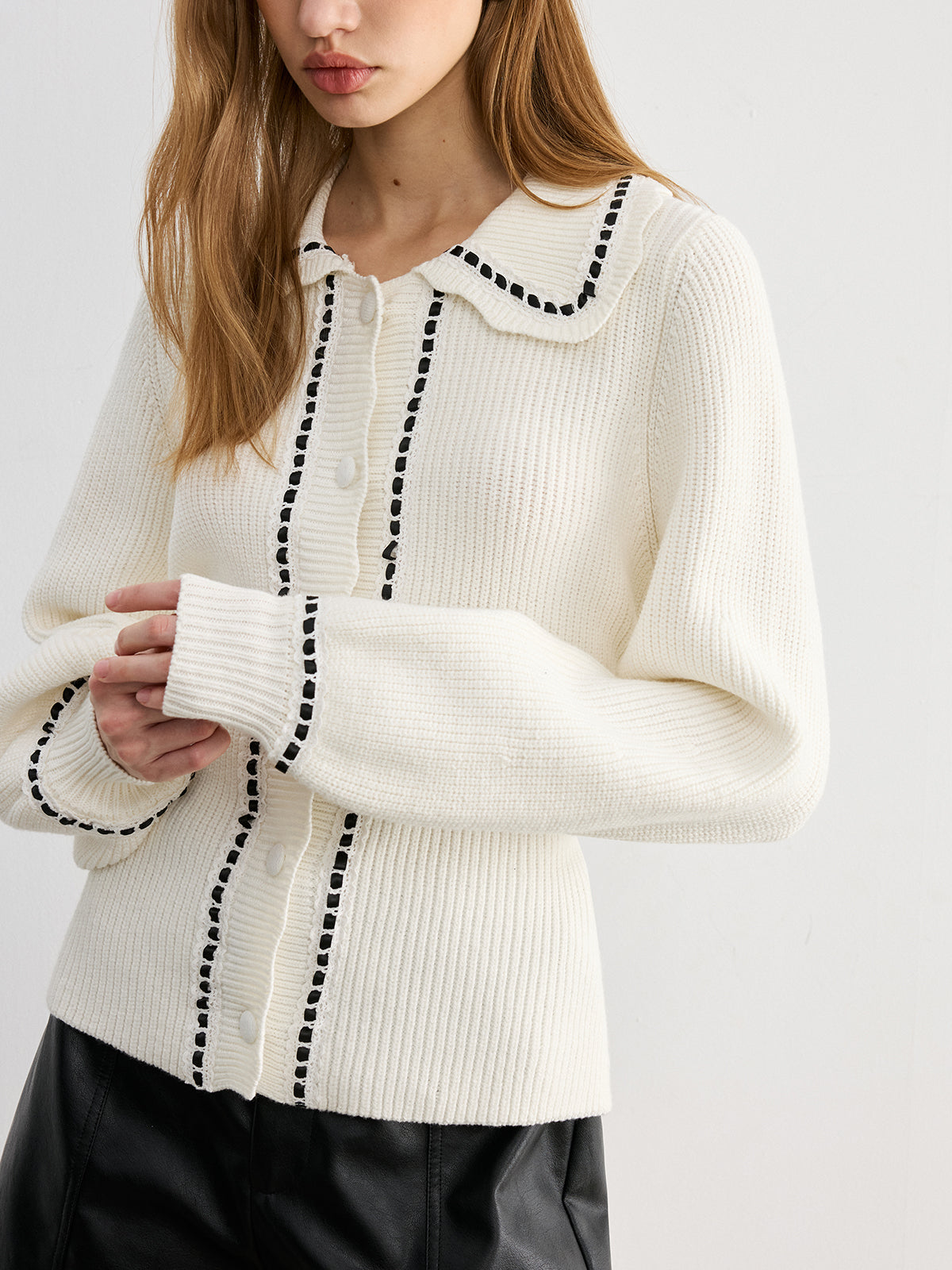 CONTRAST TRIM COLLARED FRONT TIE KNIT CARDIGAN