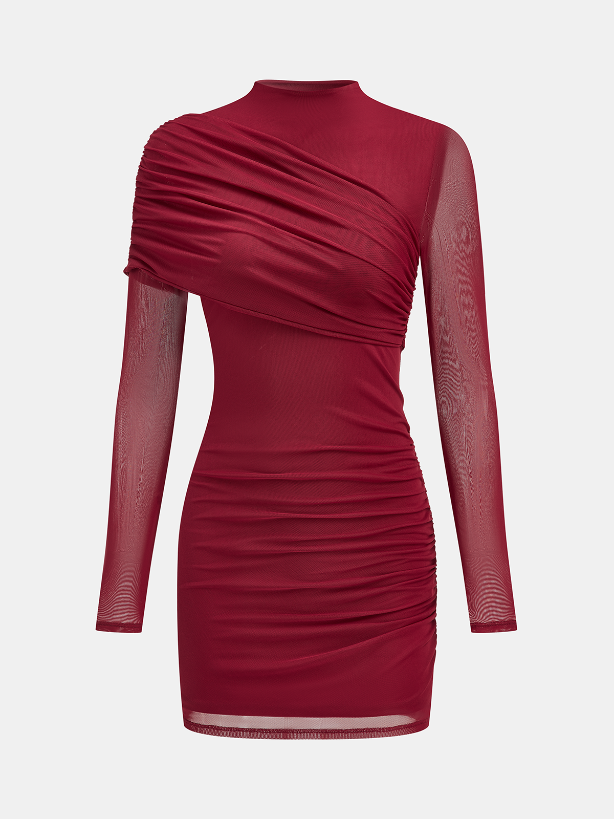 red mesh ruched dress Semi-Sheer Mesh Ruched Mini Dress