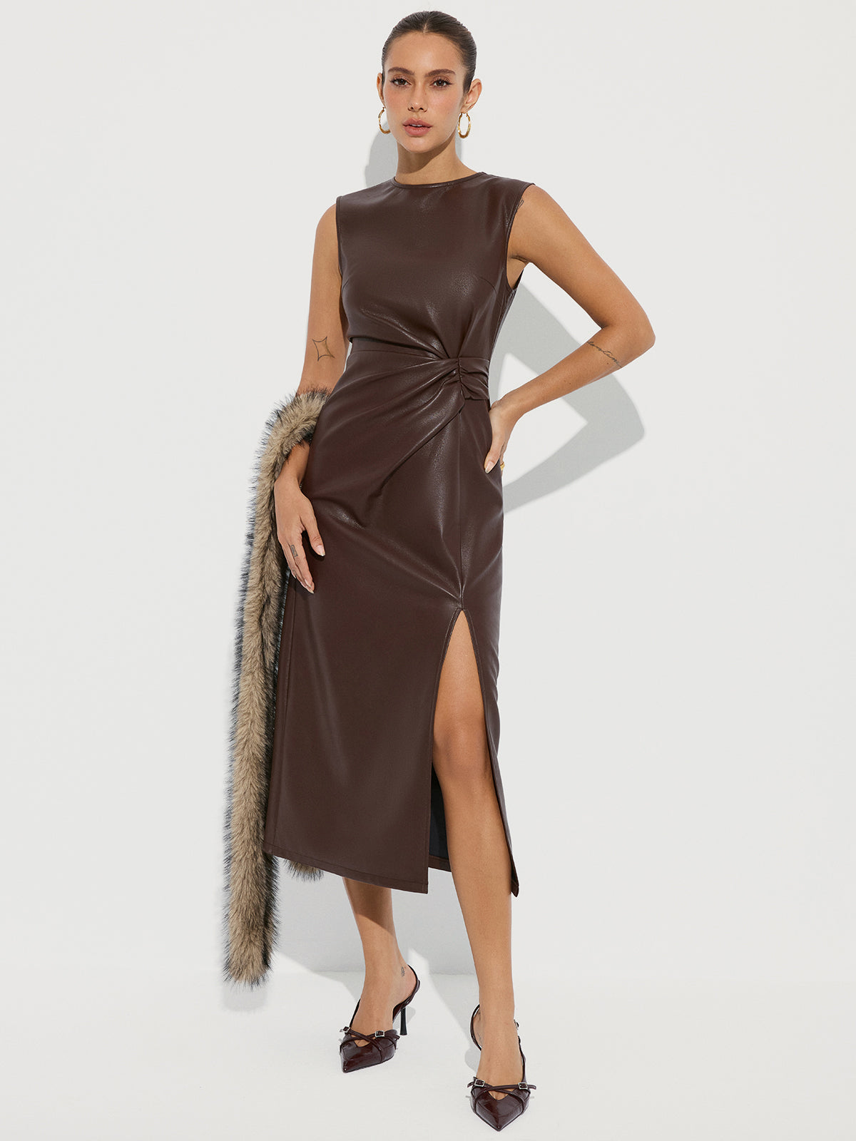 knee length dresses for ladies Twisted Faux Leather Sleeveless Slit Midi Dress - Brown