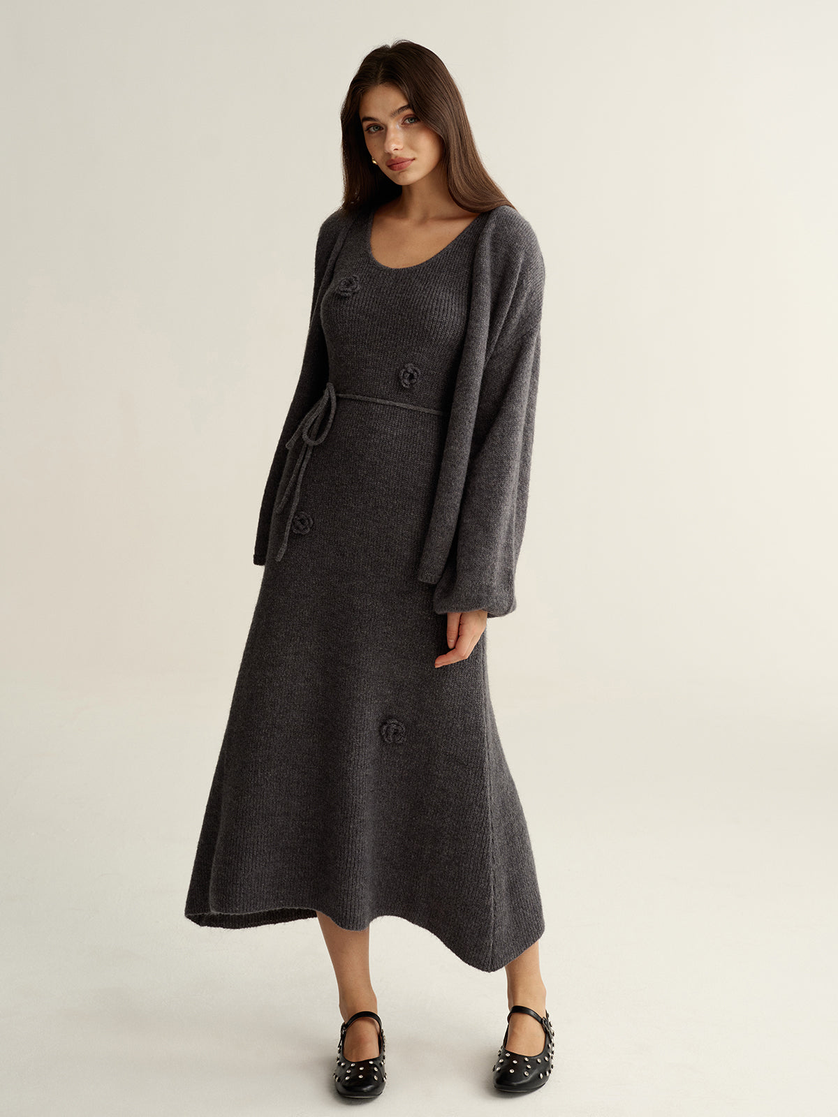 Knit Maxi Dress and Cardigan Two Piece Set without Belt