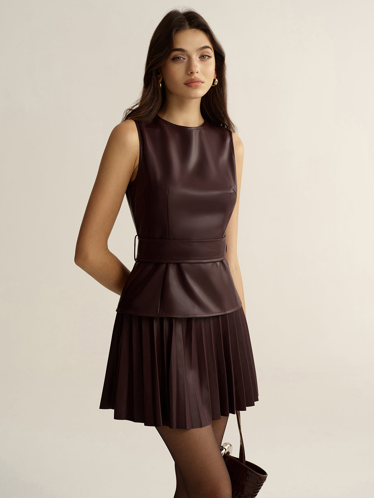 belted faux leather dress Women's Something to Behold Brown Faux Leather Short Sleeve Belted Midi Dress | Size: L main image 0