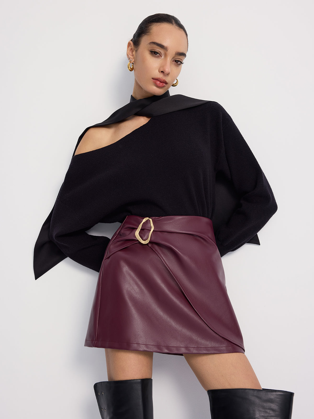 Metal-Detailed Faux Leather Wrap Mini Skirt - Burgundy