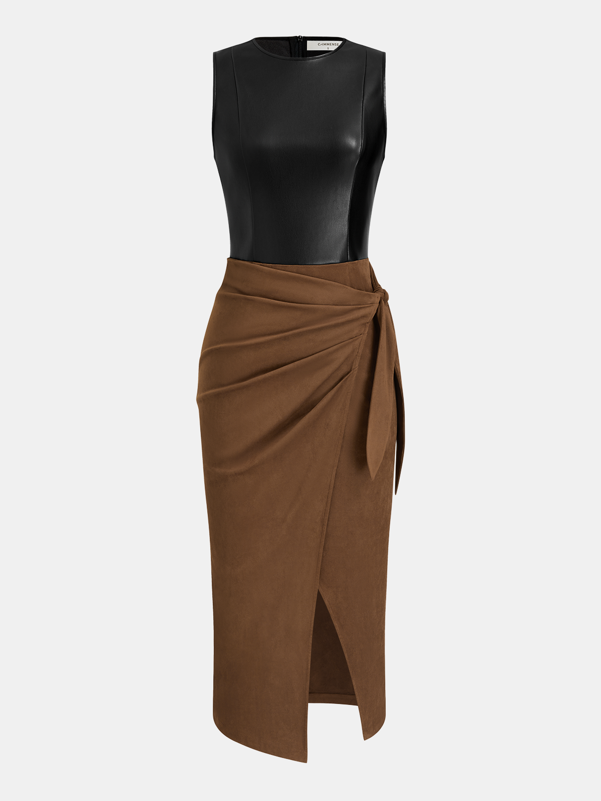 Faux Leather-Panel Tie-Waist Slit Dress | COMMENSE