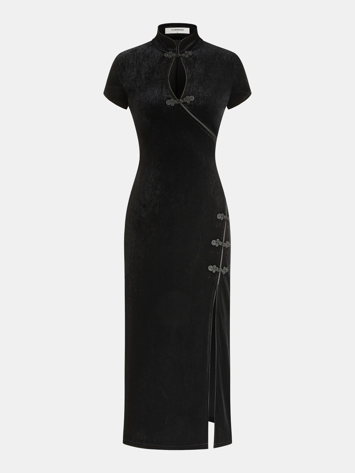 Mandarin Collar Velvet Frog-Closure Slit Dress | COMMENSE