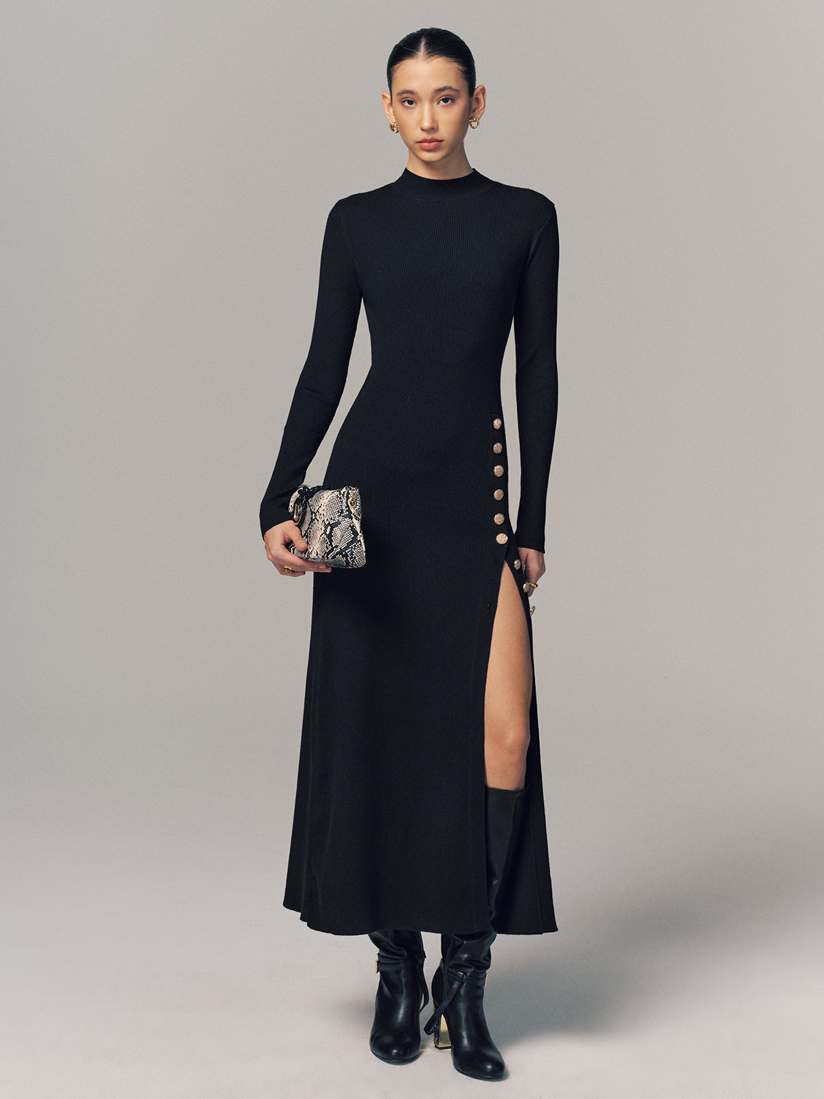 Side Button Slit Rib-Knit Maxi Dress | COMMENSE