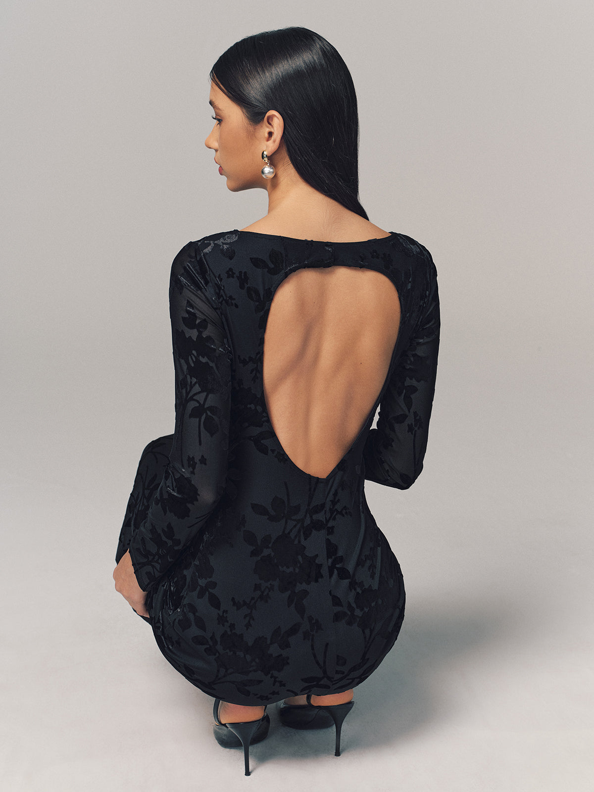 long sleeve backless velvet dress Velvet Floral Long Sleeve Backless Maxi Dress