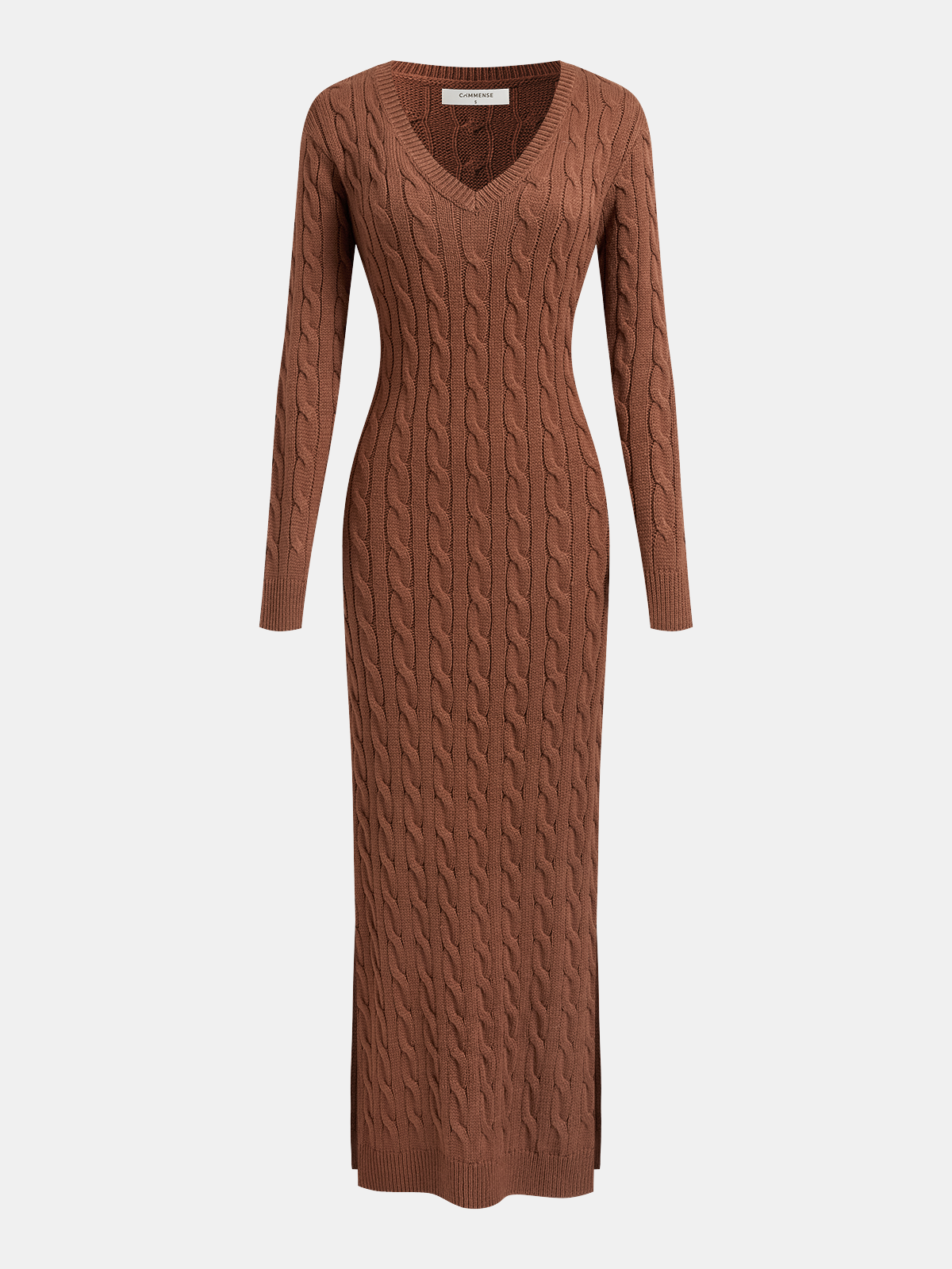 Cable-knit v-neck maxi sweater dress - Brown - S